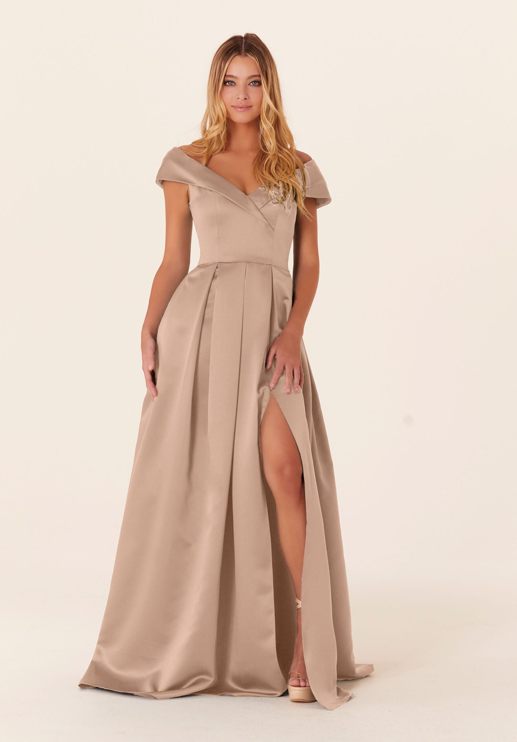 Formal Dresses Long Formal A Line Pleated Dress MGNY Madeline Gardner New York 21838 Latte