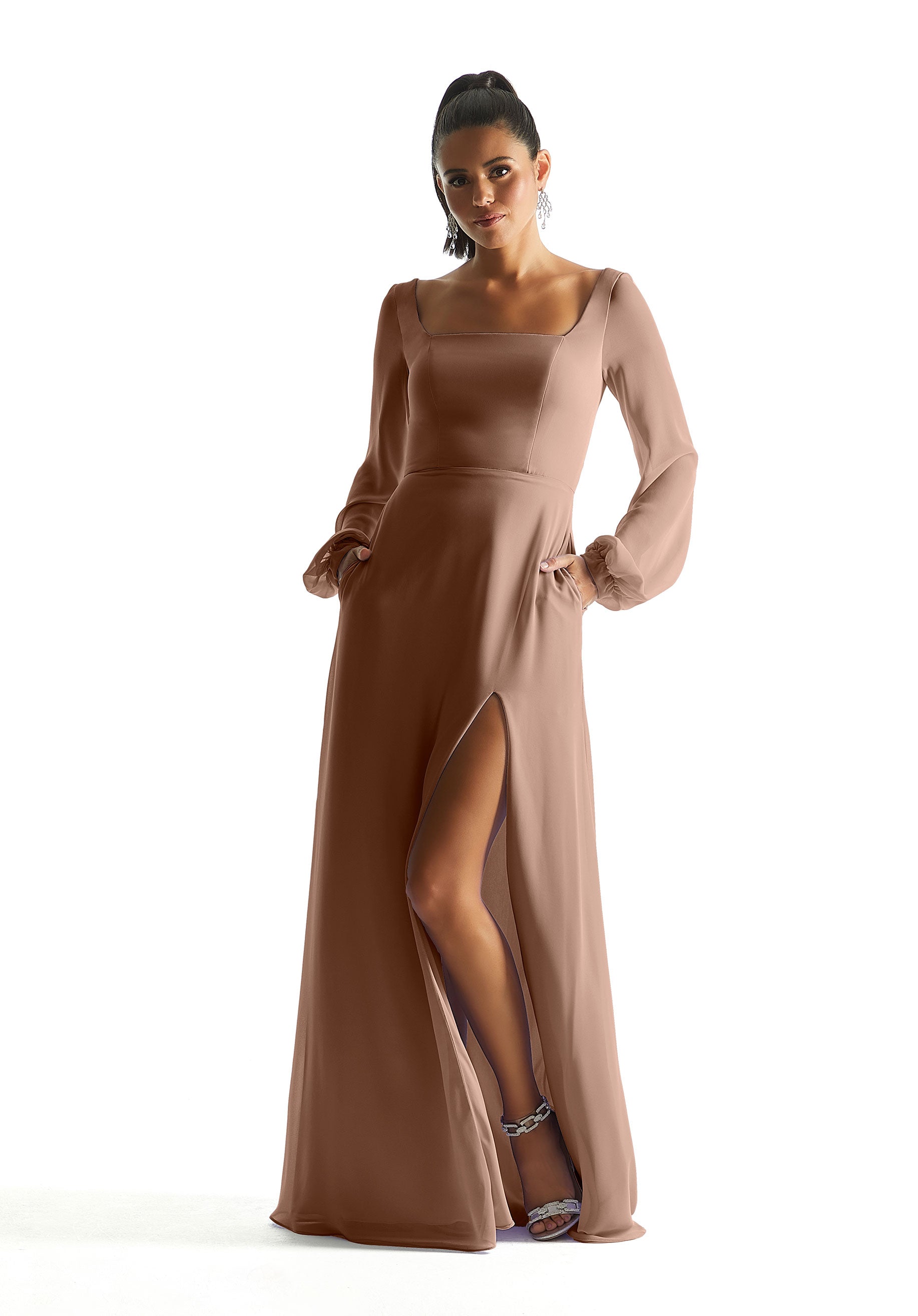 Formal Dresses A Line Formal Long Sleeve Dress MGNY Madeline Gardner New York 21845 Fawn