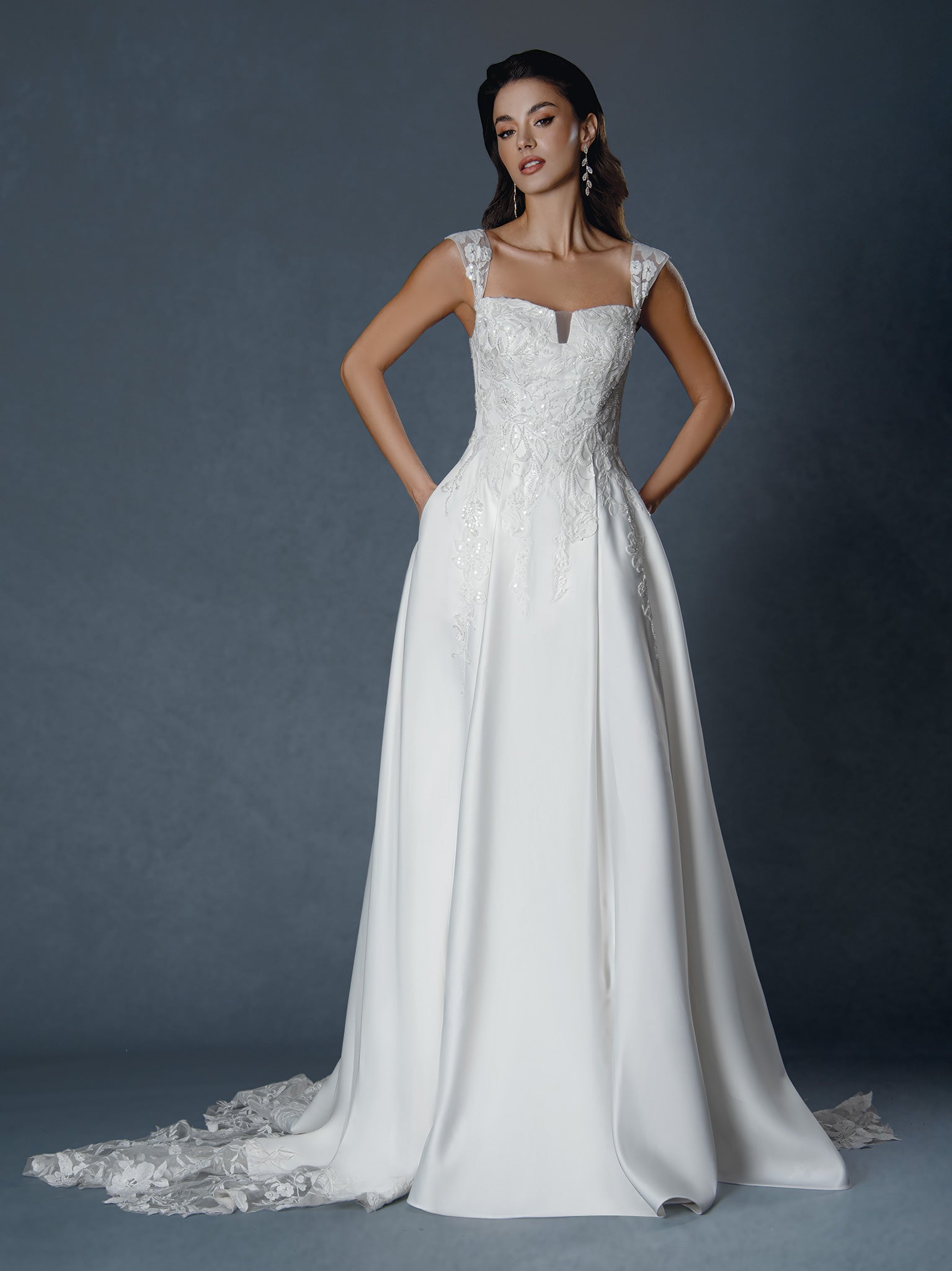 Wedding Dresses Long Lace A Line Bridal Gown Off White-Crepe-25506-Lace
