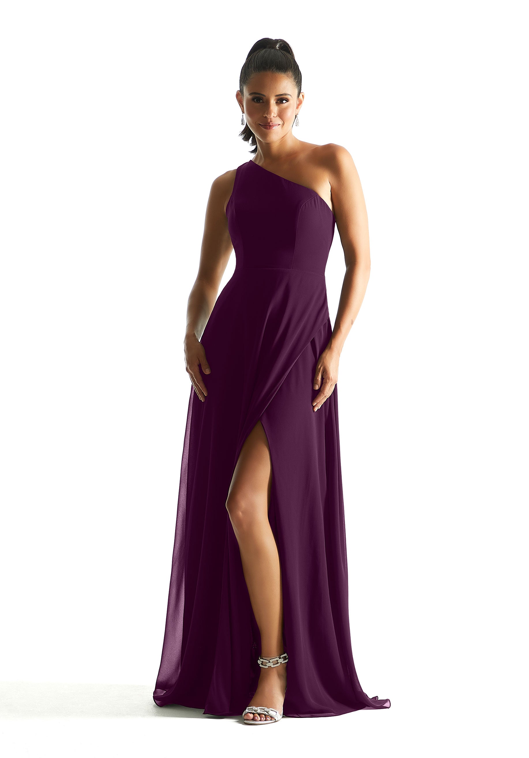 Formal Dresses A Line Slit Long Formal Evening Dress MGNY Madeline Gardner New York 21851 Eggplant