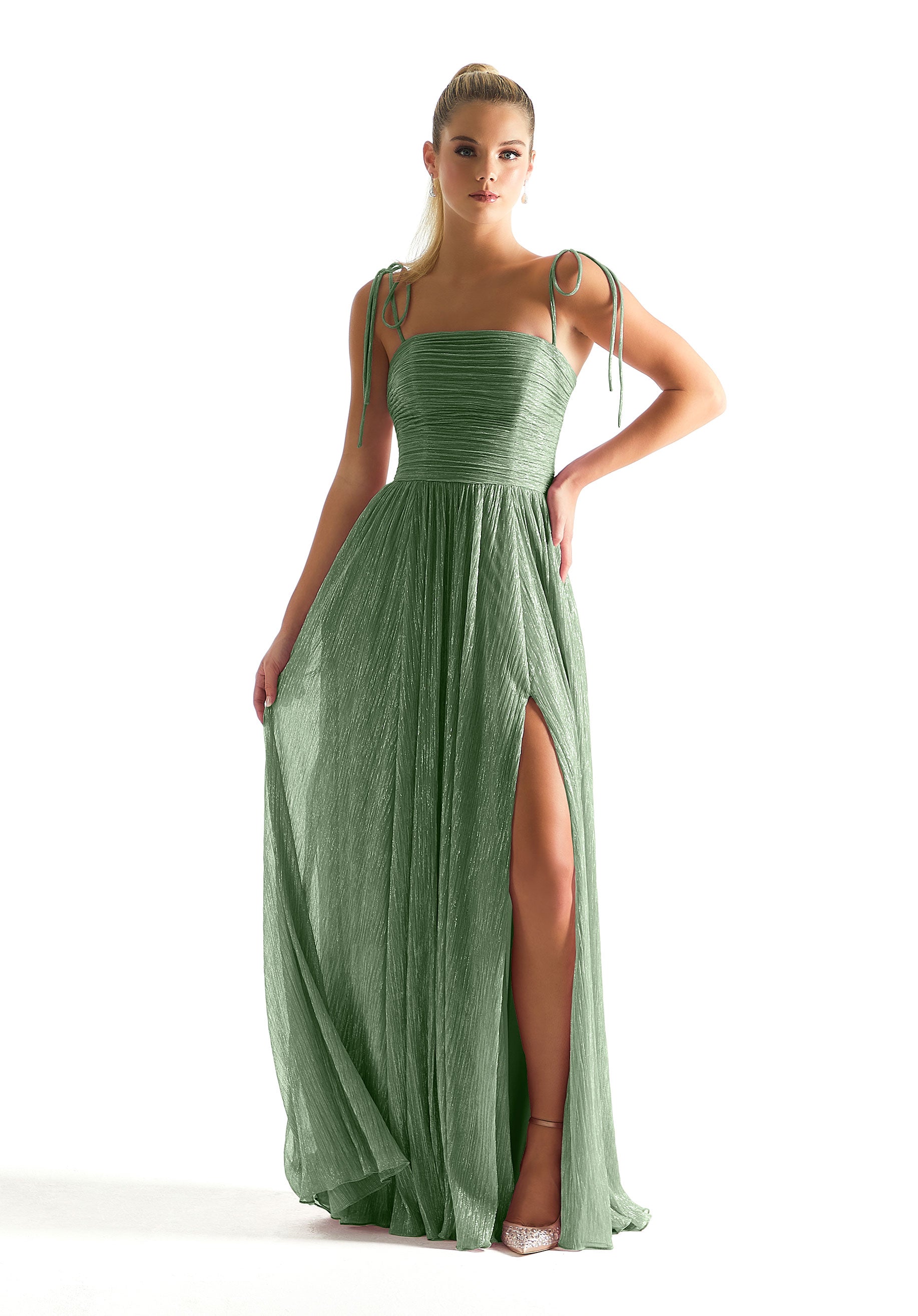 Prom Dresses Glitter Formal Long Pleated Prom Dress Celadon