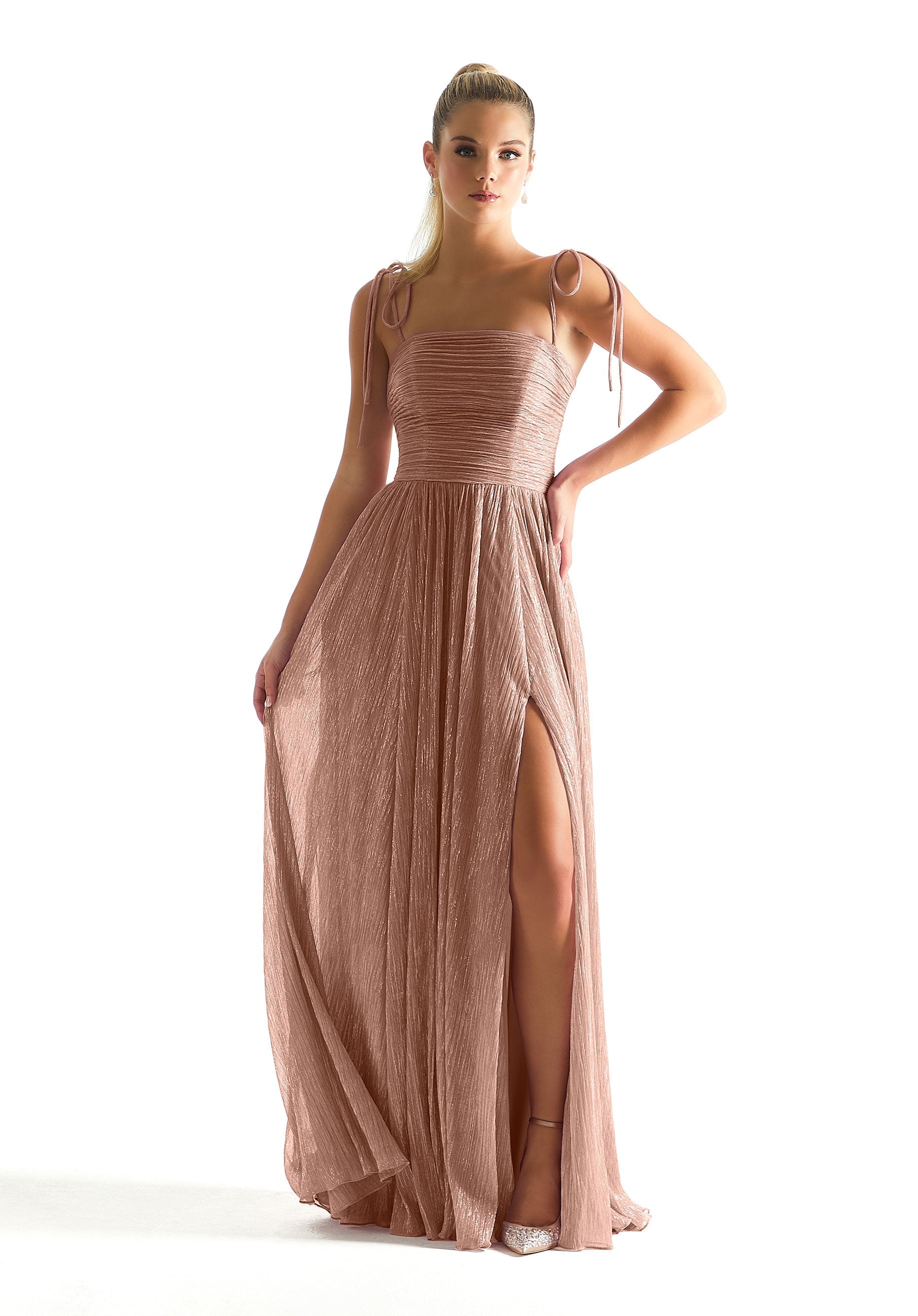 Prom Dresses Glitter Formal Long Pleated Prom Dress Rose Gold