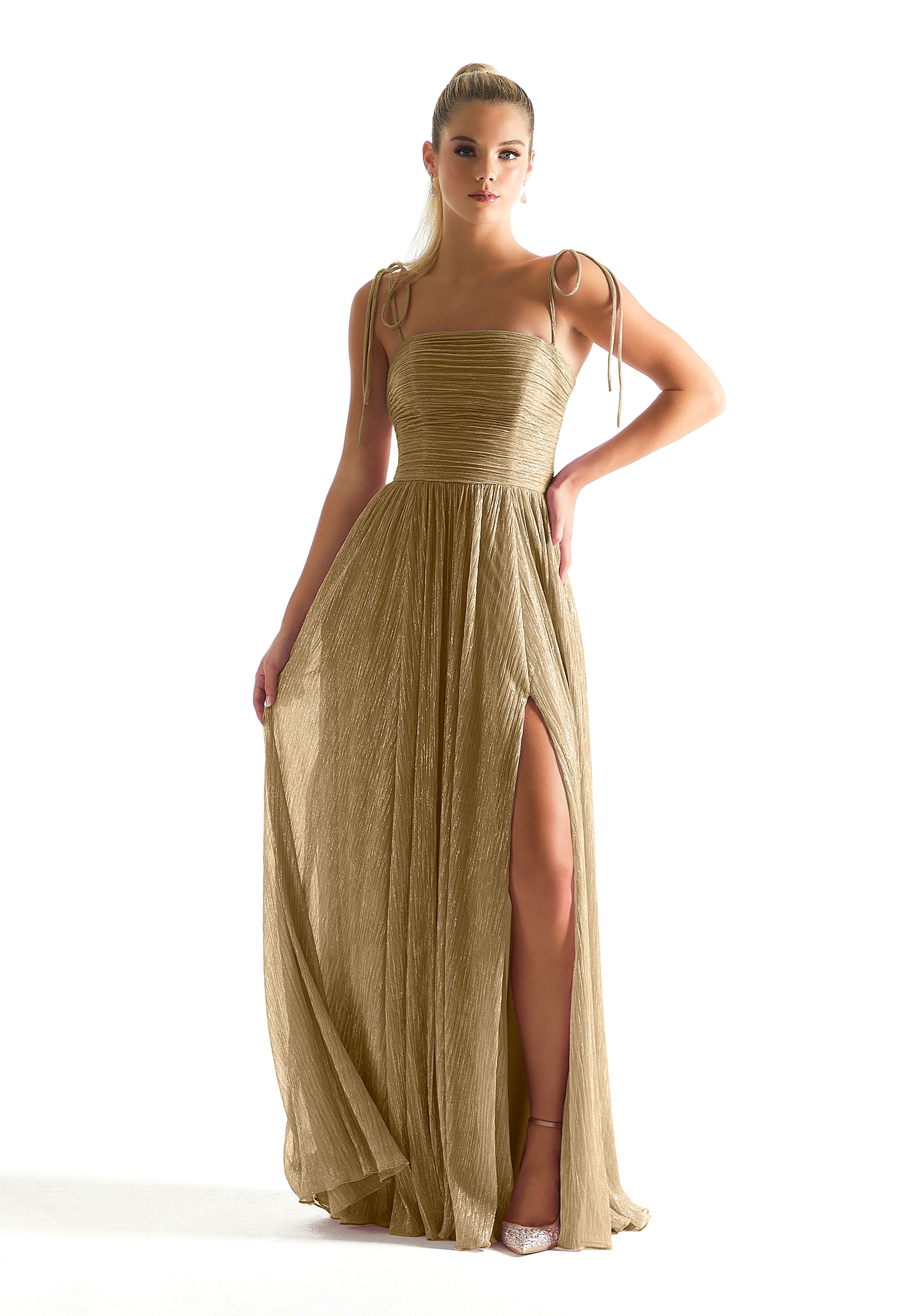 Prom Dresses Glitter Formal Long Pleated Prom Dress Gold