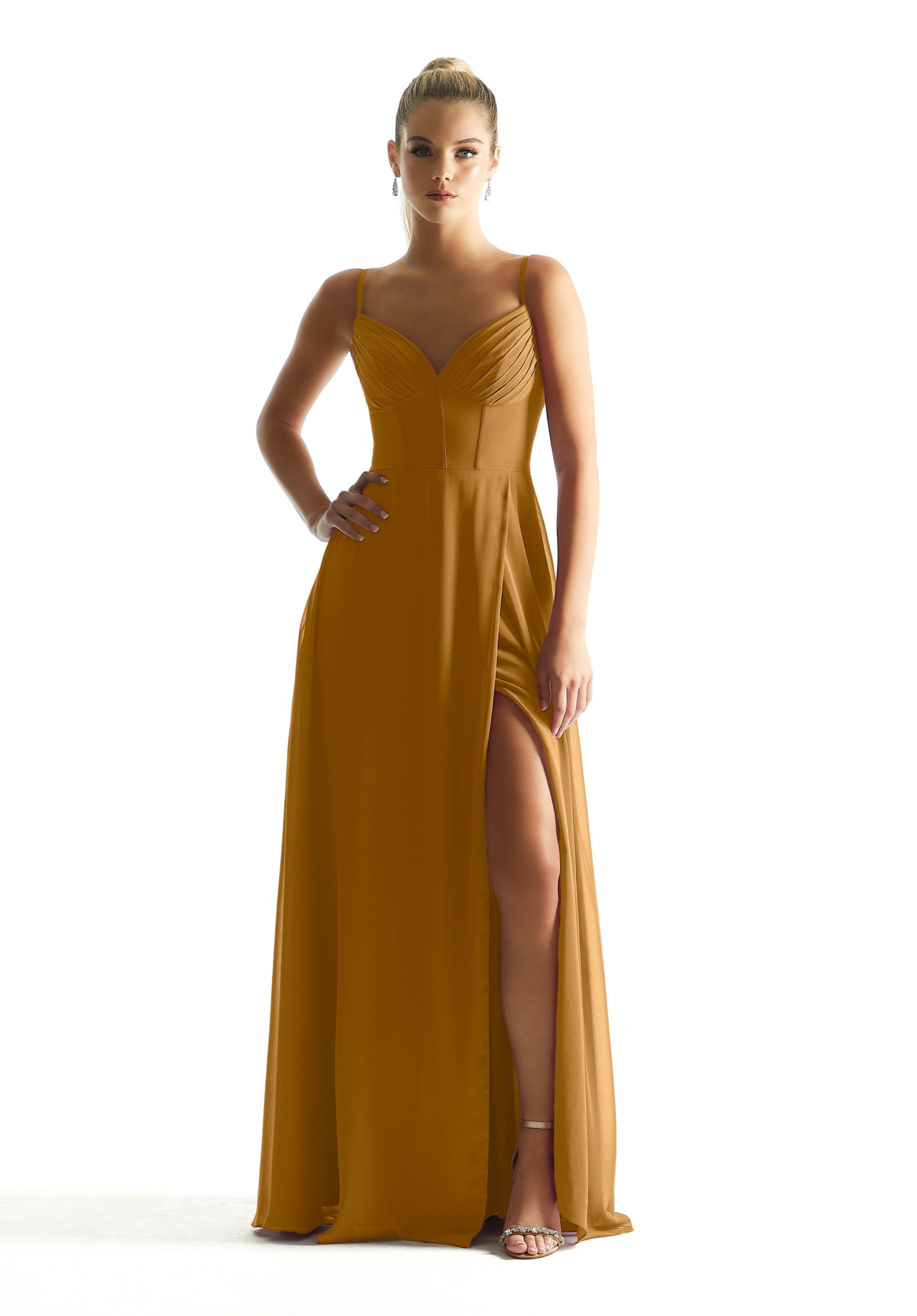 Formal Dresses Long Formal Pleated A Line Corset Dress MGNY Madeline Gardner New York 21853 Saffron