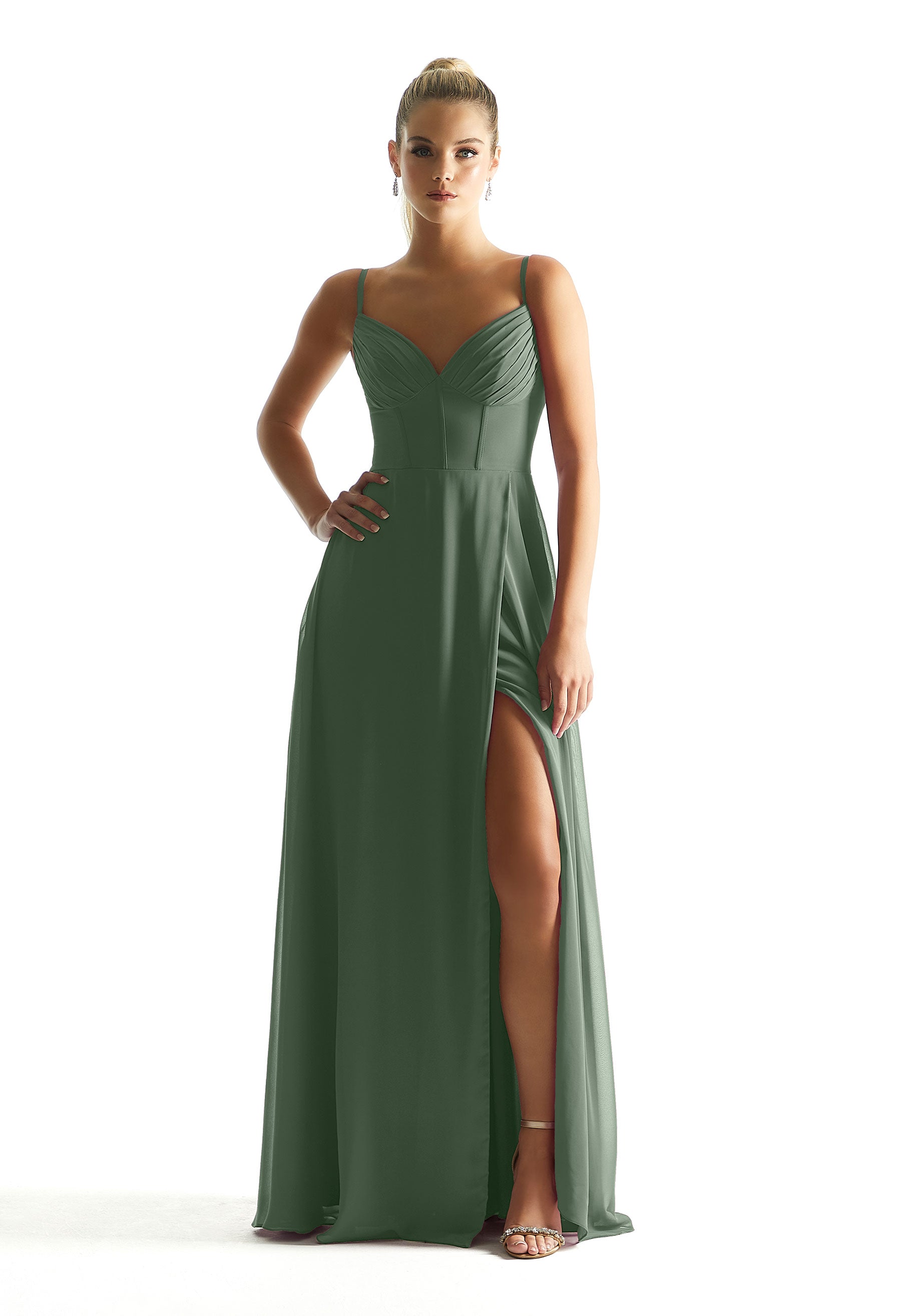 Formal Dresses Long Formal Corset A Line Pleated Dress MGNY Madeline Gardner New York 21853 Moss