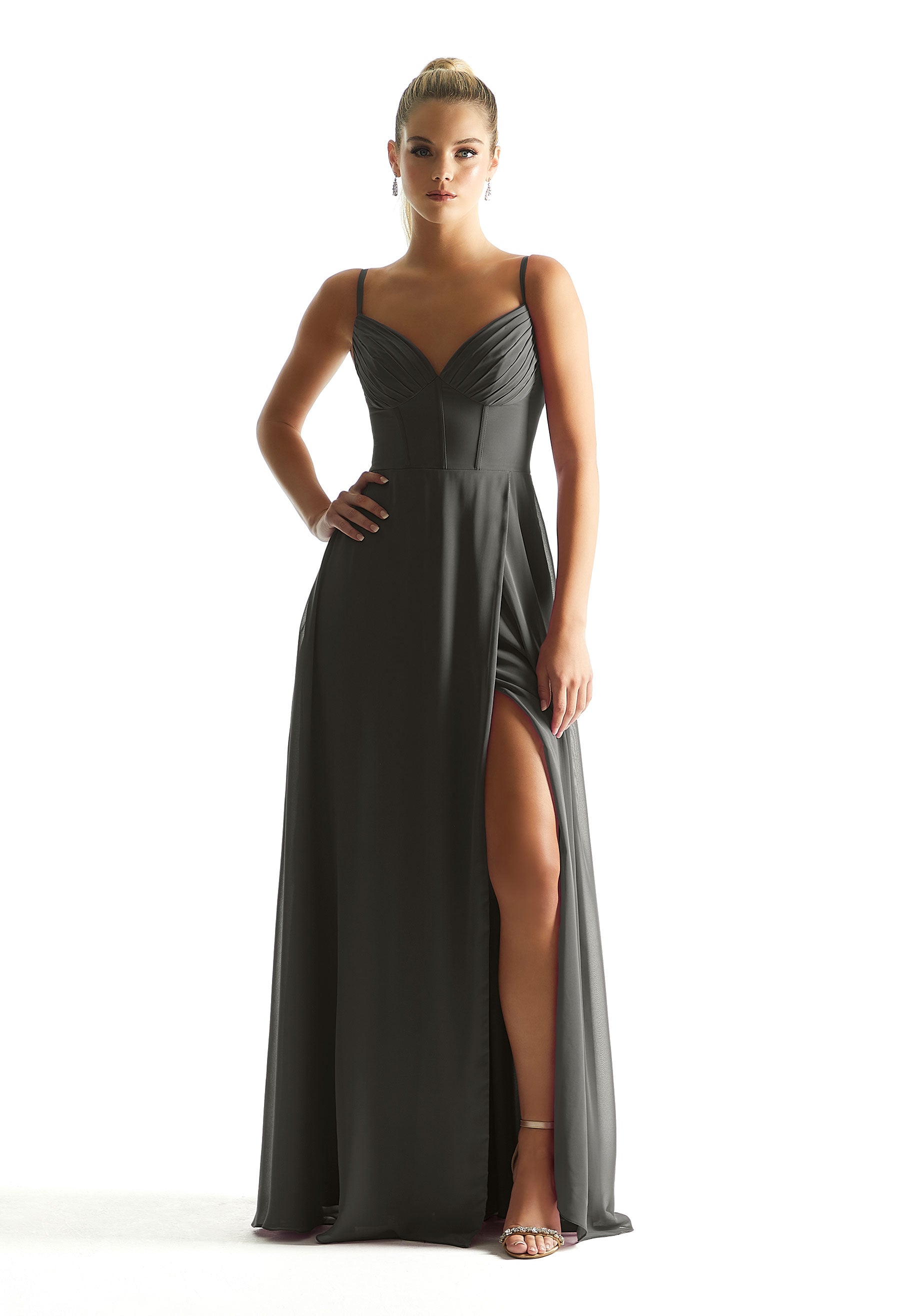 Formal Dresses Long Formal A Line Pleated Corset Dress MGNY Madeline Gardner New York 21853 Charcoal