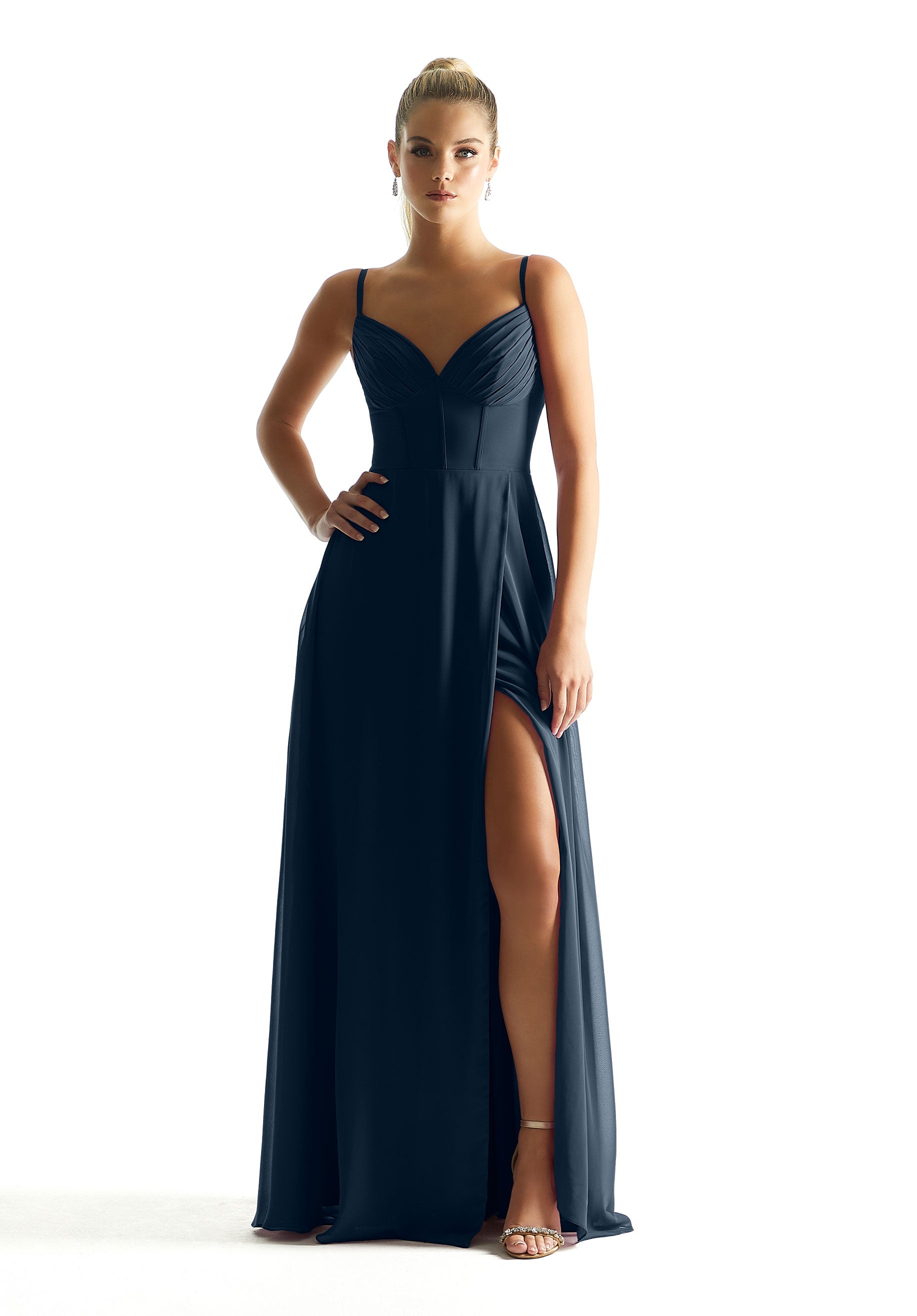 Formal Dresses Long Formal Corset A Line Pleated Dress MGNY Madeline Gardner New York 21853 Navy