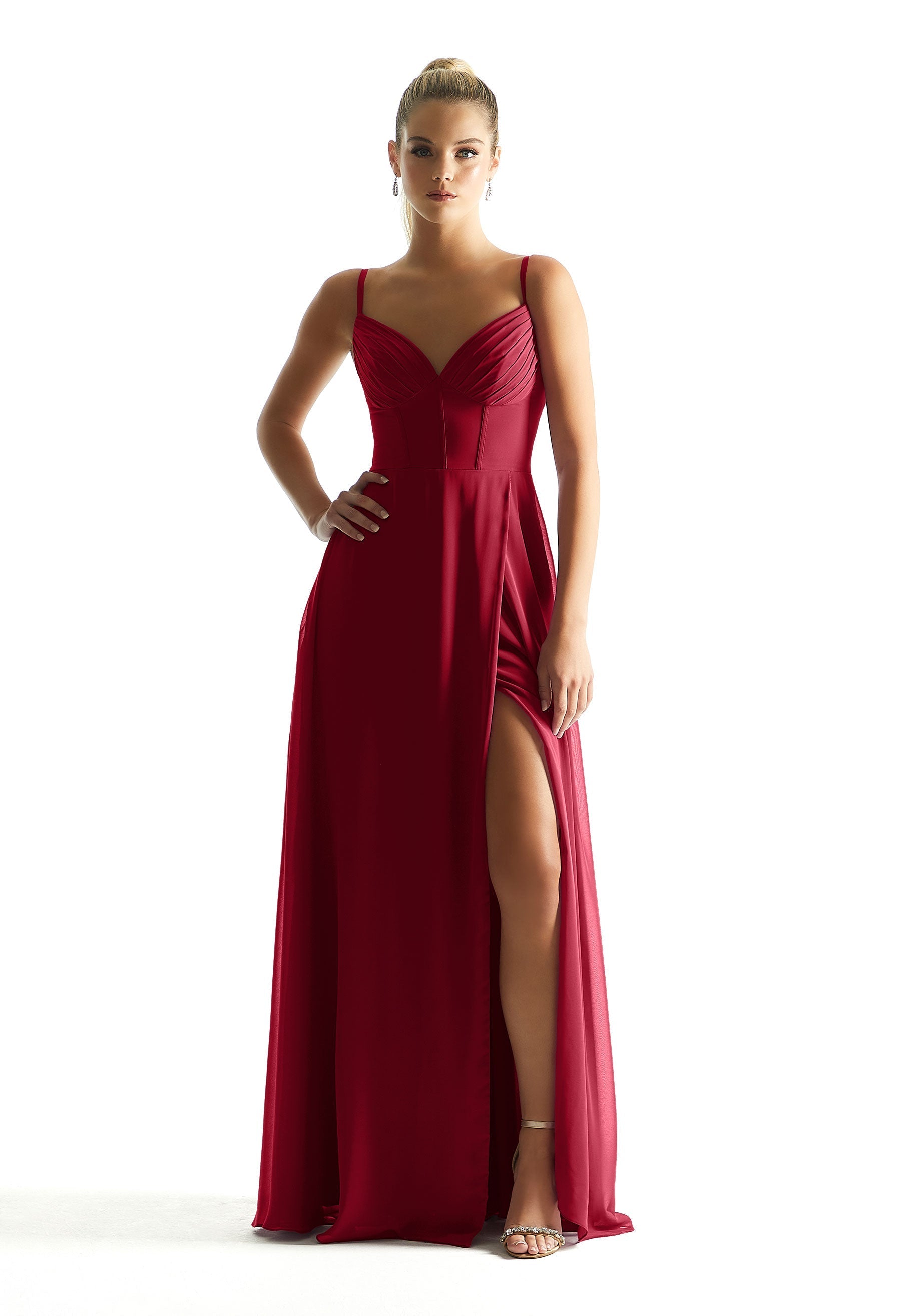 Formal Dresses Long Formal A Line Corset Pleated Dress MGNY Madeline Gardner New York 21853 Claret