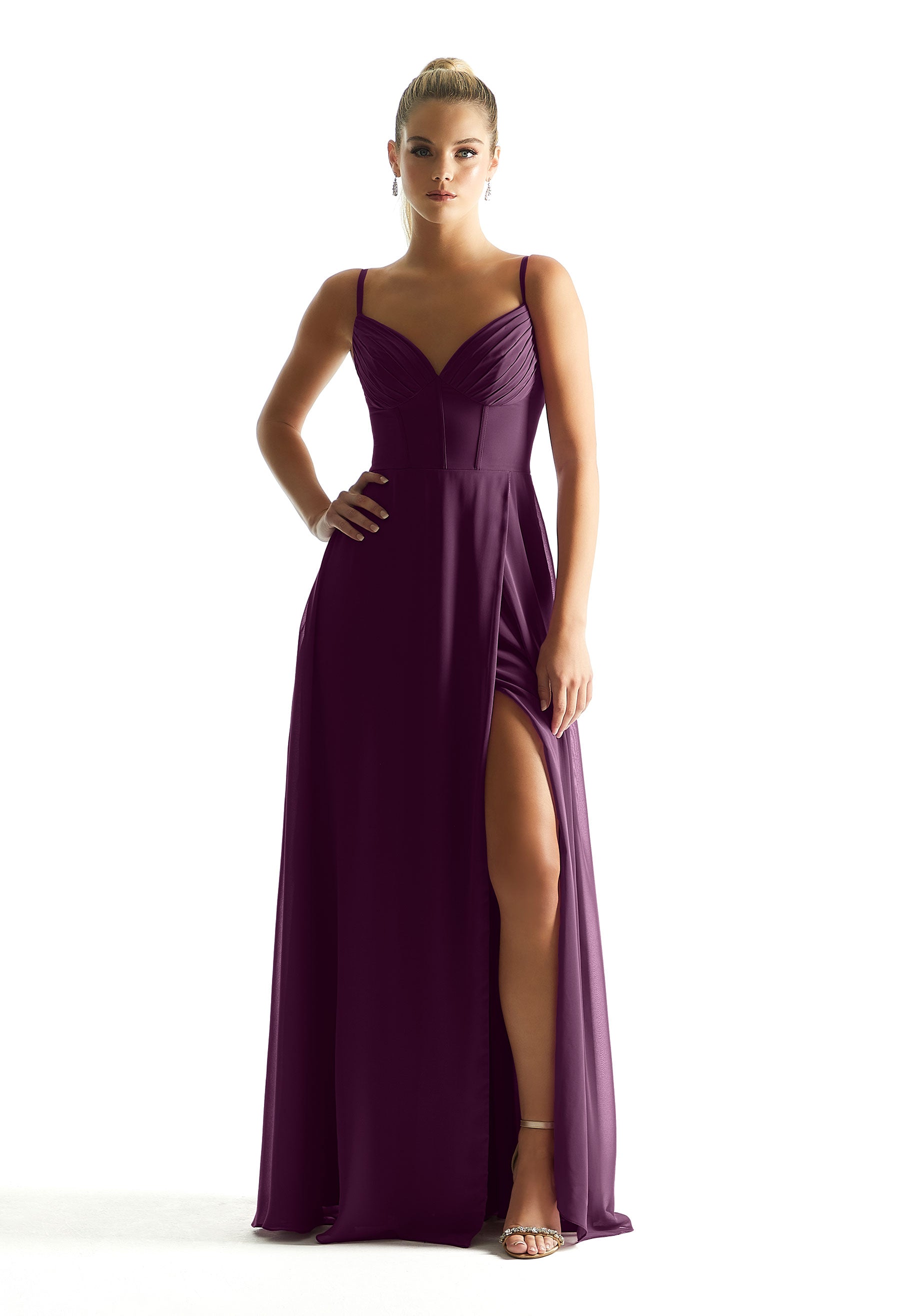 Formal Dresses Long Formal Corset Pleated A Line Dress MGNY Madeline Gardner New York 21853 Eggplant