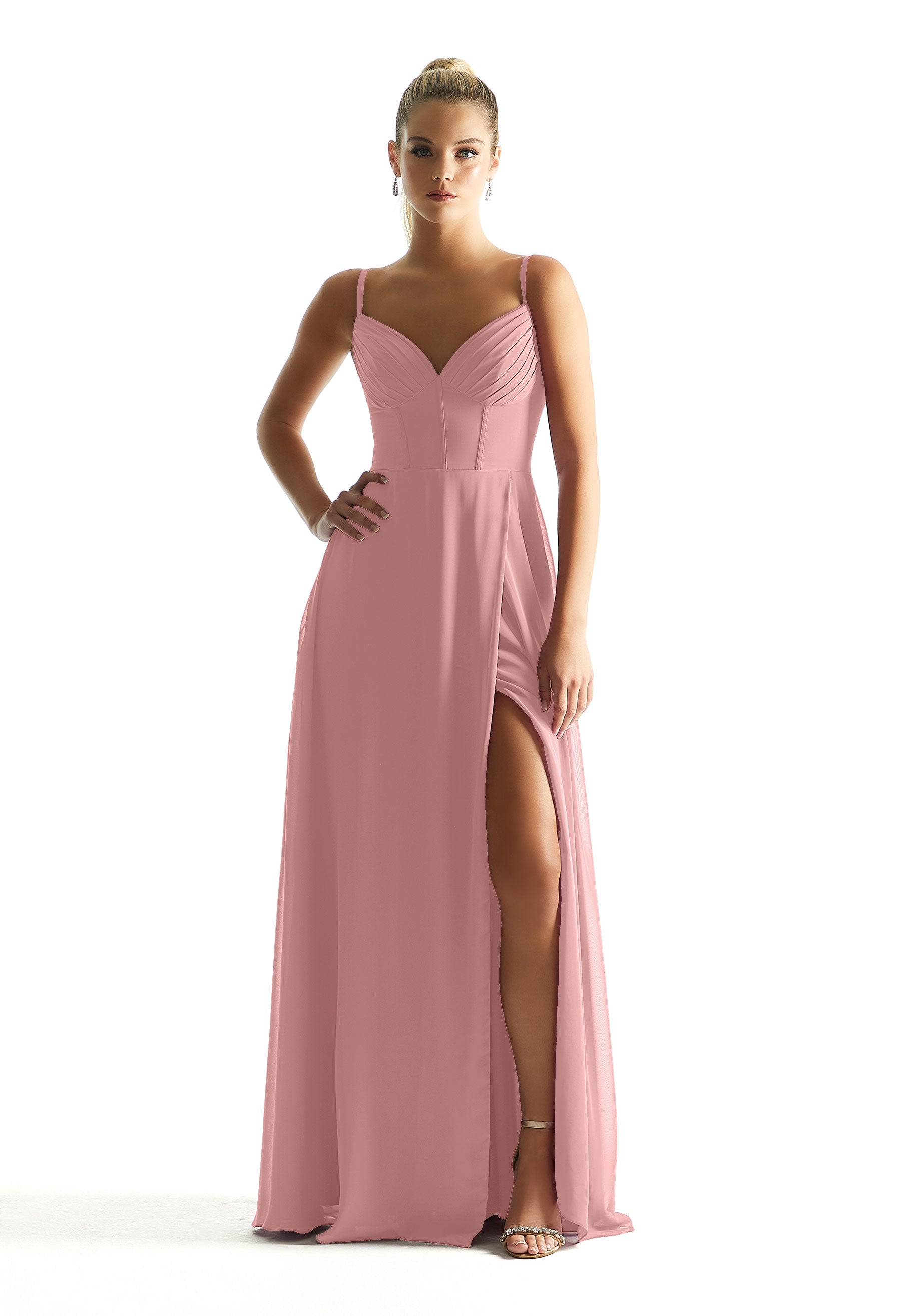 Formal Dresses Long Formal A Line Corset Pleated Dress MGNY Madeline Gardner New York 21853 Desert Rose