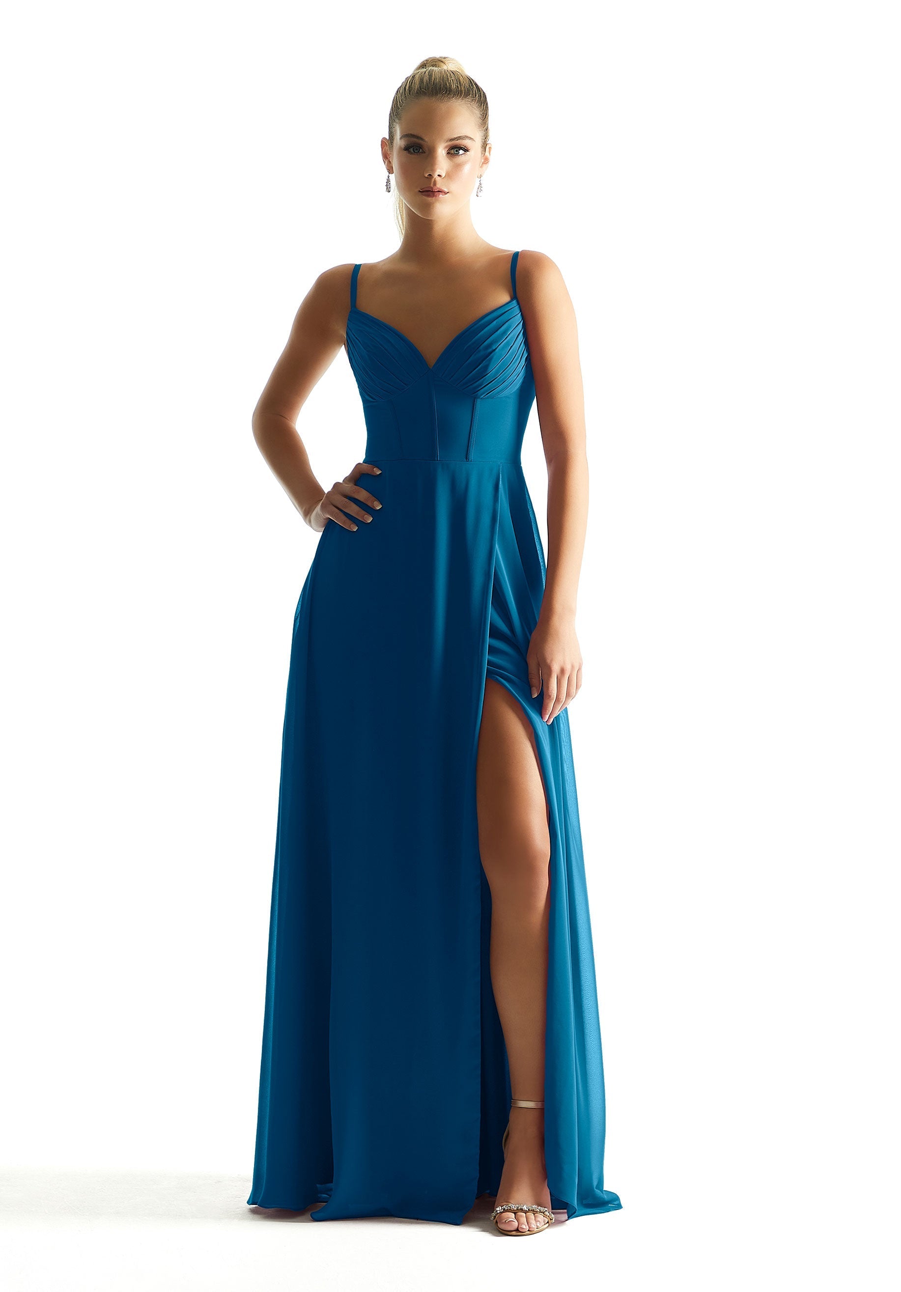 Formal Dresses Long Formal Corset A Line Pleated Dress MGNY Madeline Gardner New York 21853 Marine