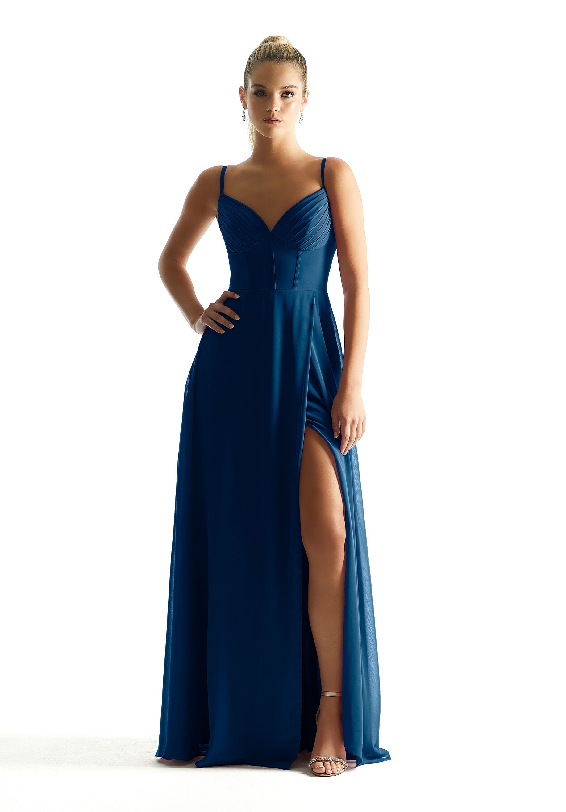 Formal Dresses Long Pleated Formal A Line Corset Dress MGNY Madeline Gardner New York 21853 Sapphire