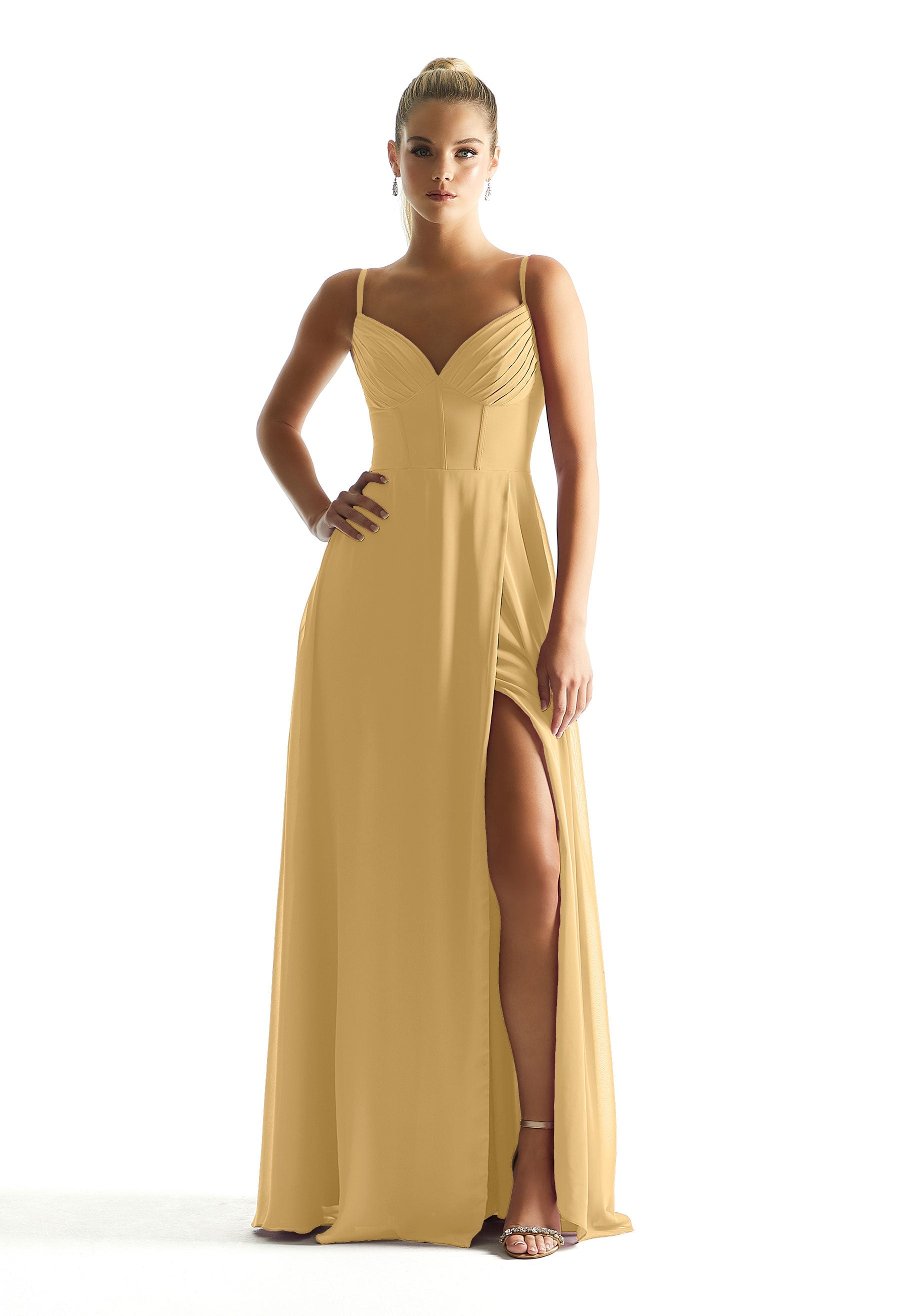Formal Dresses Long Formal A Line Pleated Corset Dress MGNY Madeline Gardner New York 21853 Buttercup