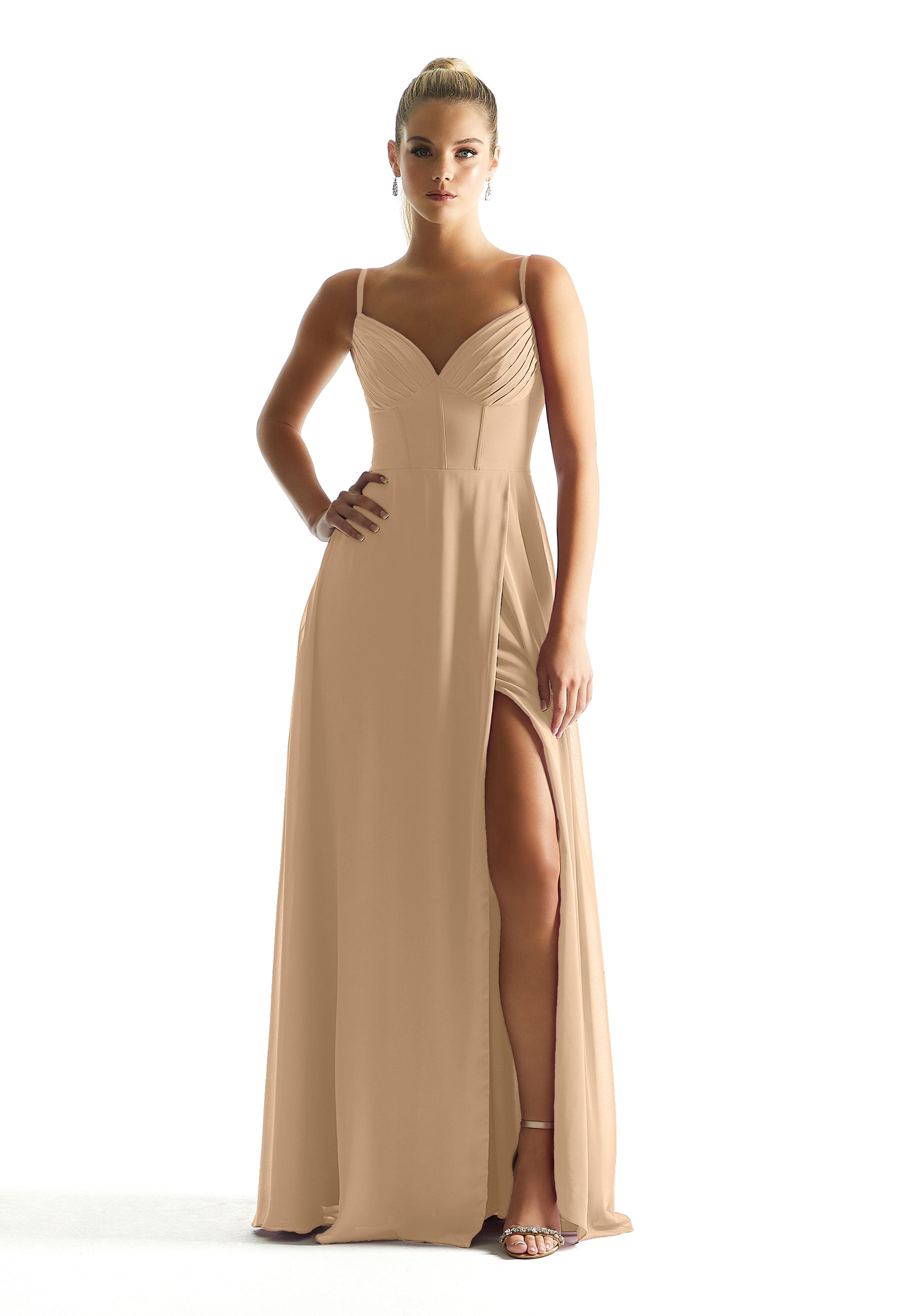 Formal Dresses Long Formal A Line Pleated Corset Dress MGNY Madeline Gardner New York 21853 Champagne