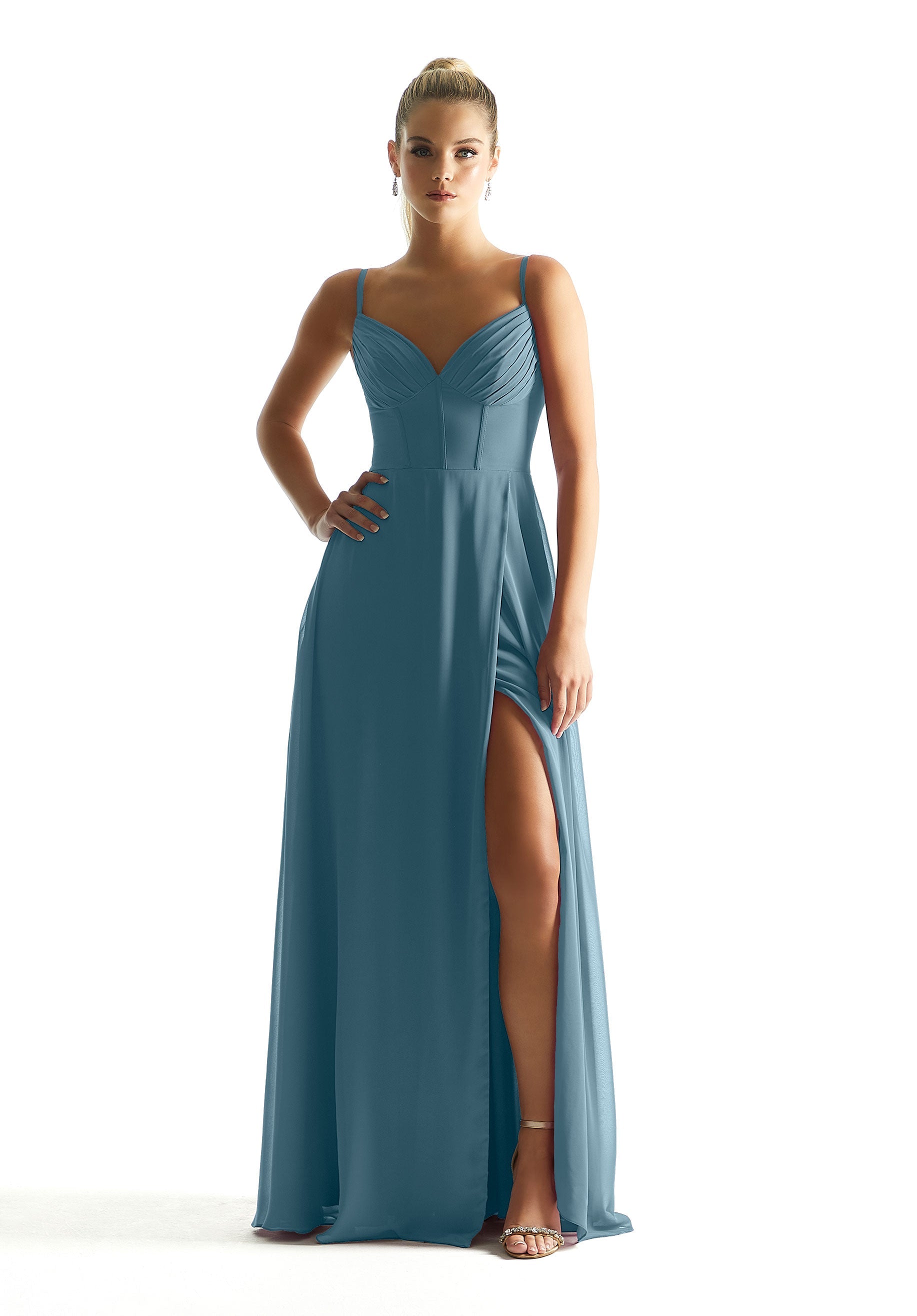Formal Dresses Long Pleated Formal Corset A Line Dress MGNY Madeline Gardner New York 21853 Slate