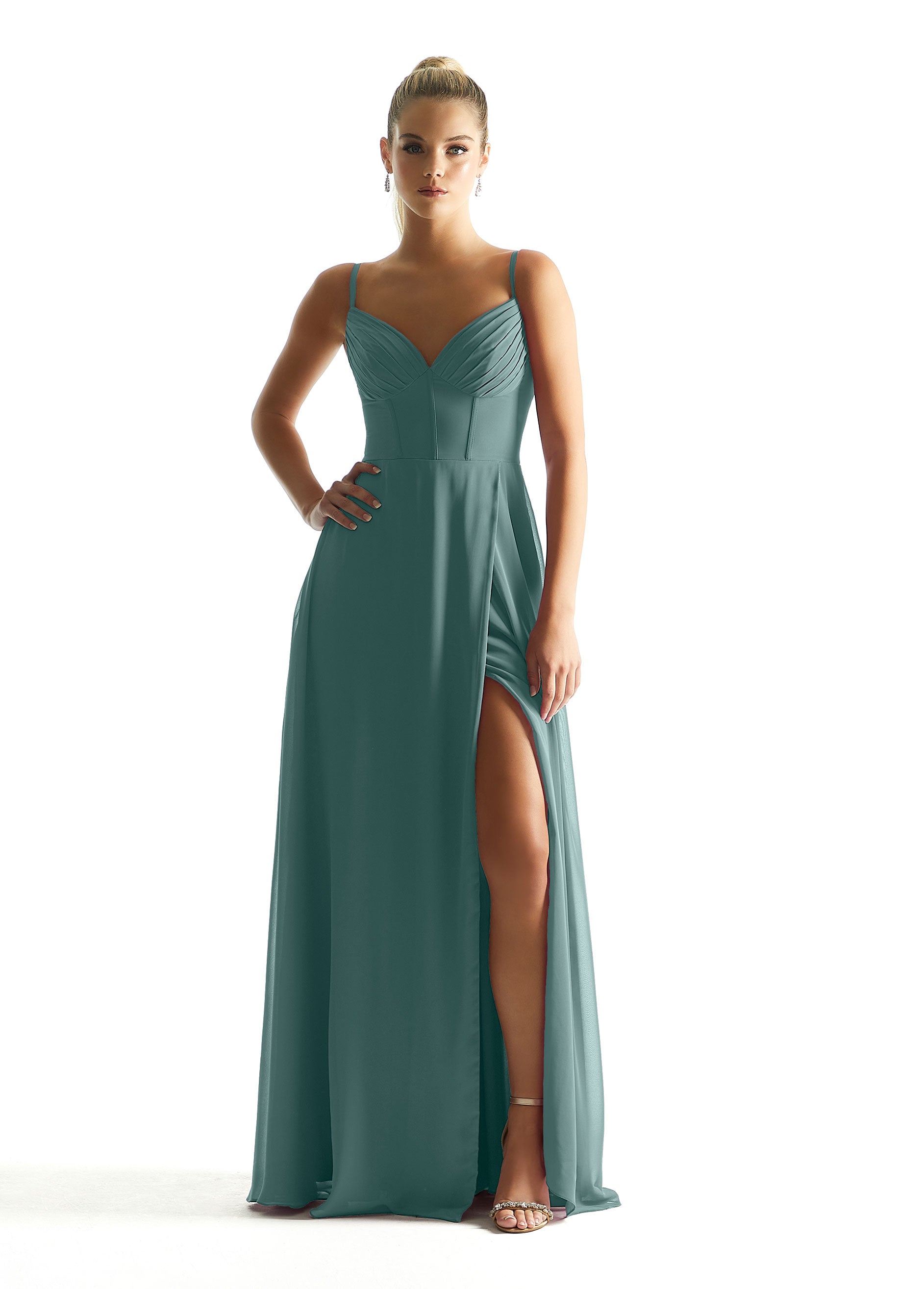 Formal Dresses Long Formal A Line Corset Pleated Dress MGNY Madeline Gardner New York 21853 Deep Sea