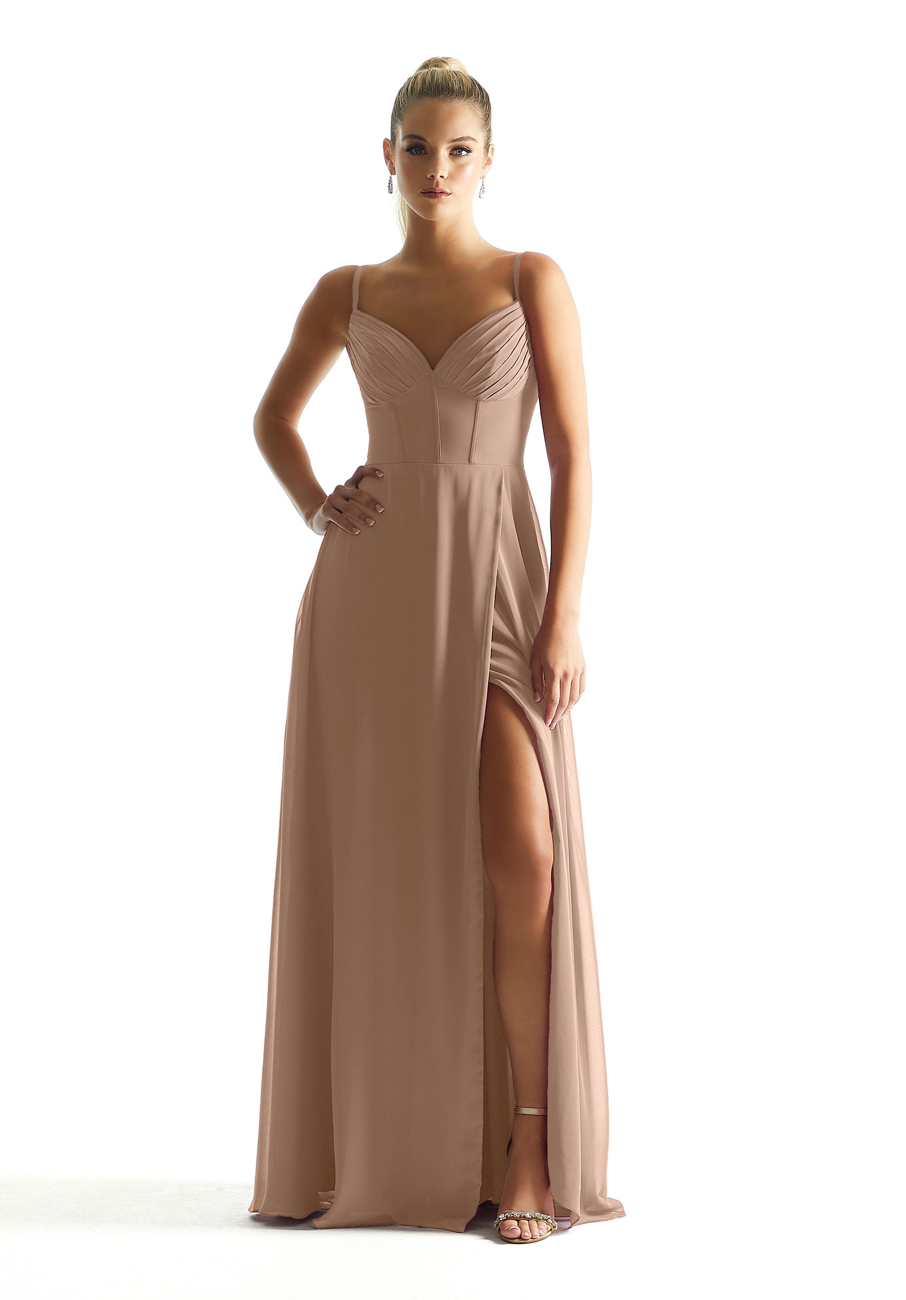 Formal Dresses Long Formal Corset Pleated A Line Dress MGNY Madeline Gardner New York 21853 Latte