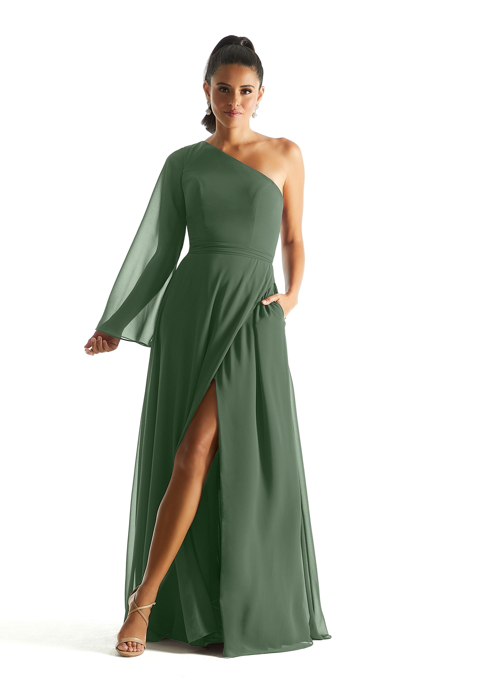 Formal Dresses A Line Formal Long Sleeve Evening Dress MGNY Madeline Gardner New York 21854 Moss