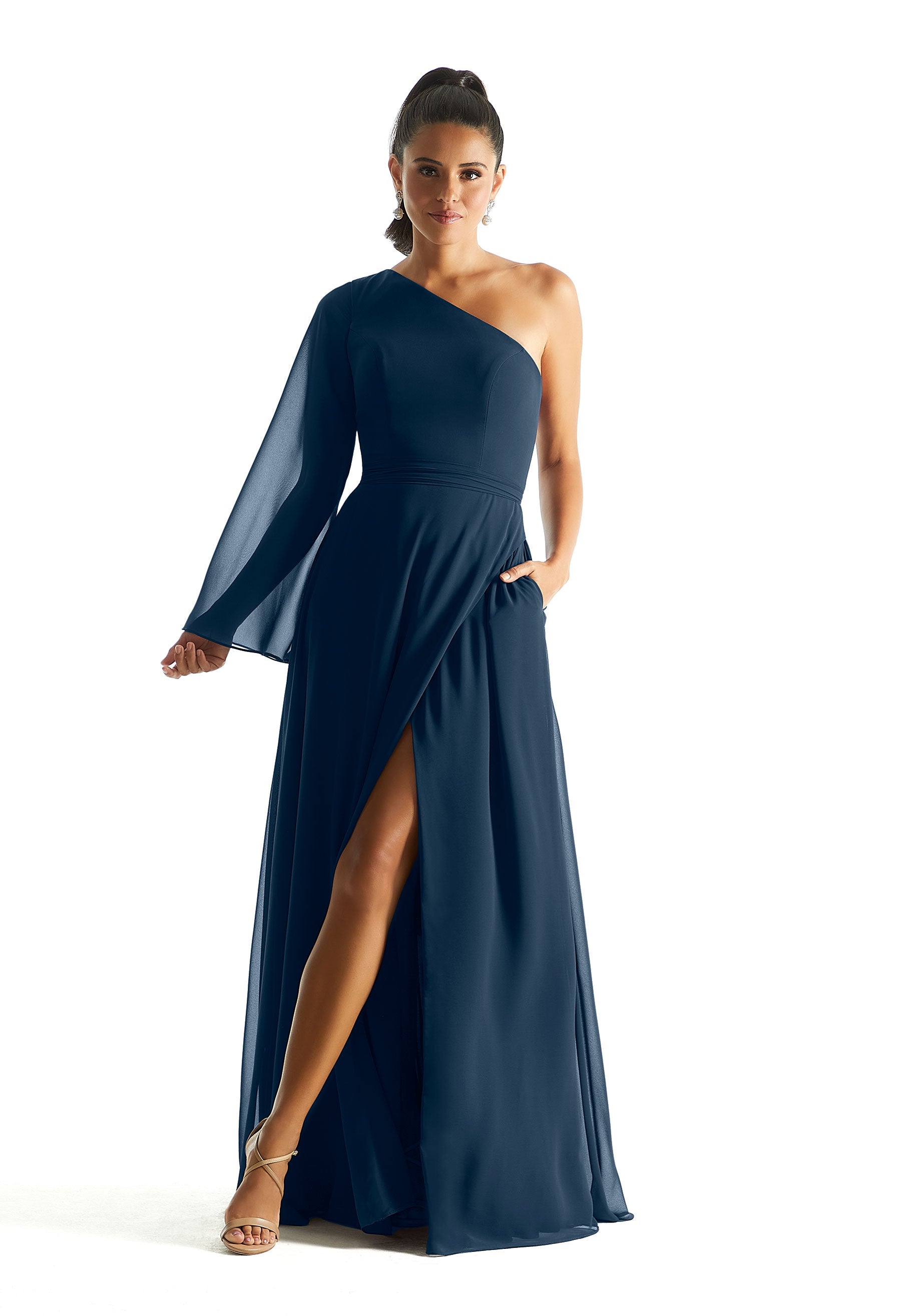 Formal Dresses A Line Formal Long Sleeve Evening Dress MGNY Madeline Gardner New York 21854 Navy