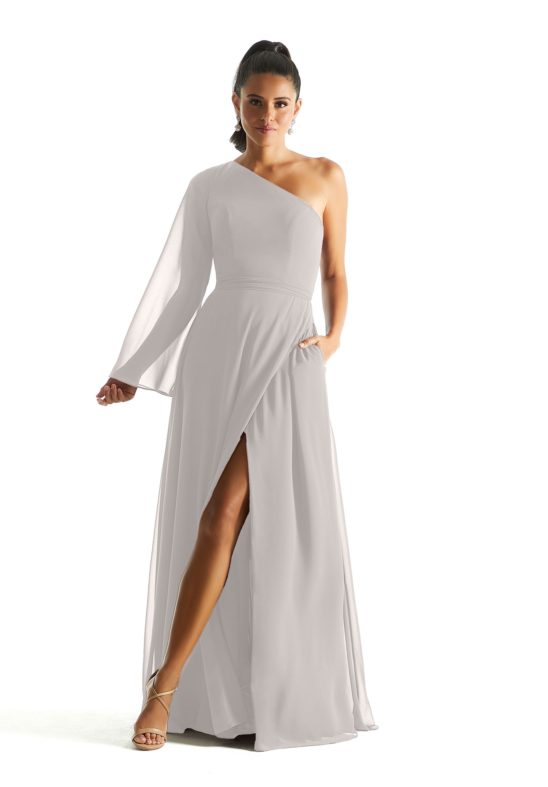 Formal Dresses A Line Long Sleeve Formal Dress MGNY Madeline Gardner New York 21854 Silver