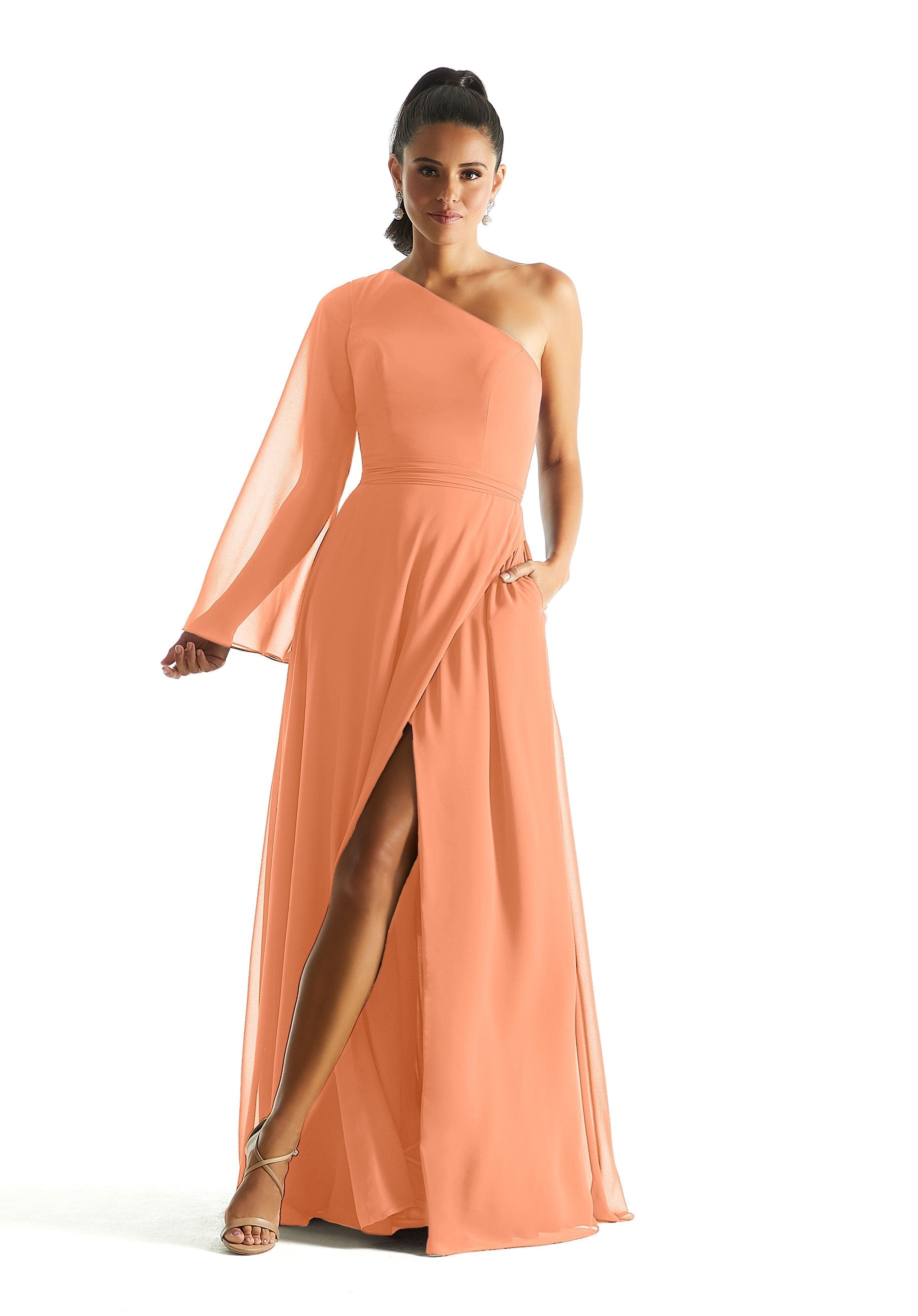 Formal Dresses A Line Formal Long Sleeve Evening Dress MGNY Madeline Gardner New York 21854 Peach