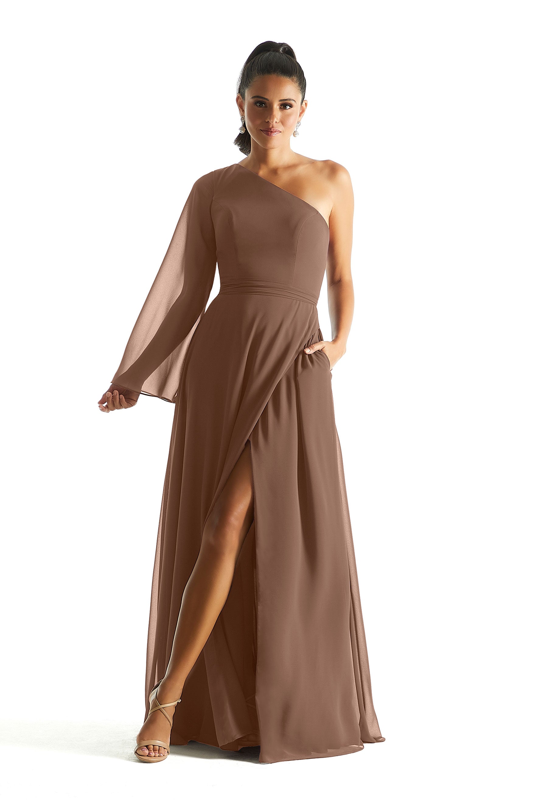 Formal Dresses Formal Long Sleeve A Line Dress MGNY Madeline Gardner New York 21854 Fawn
