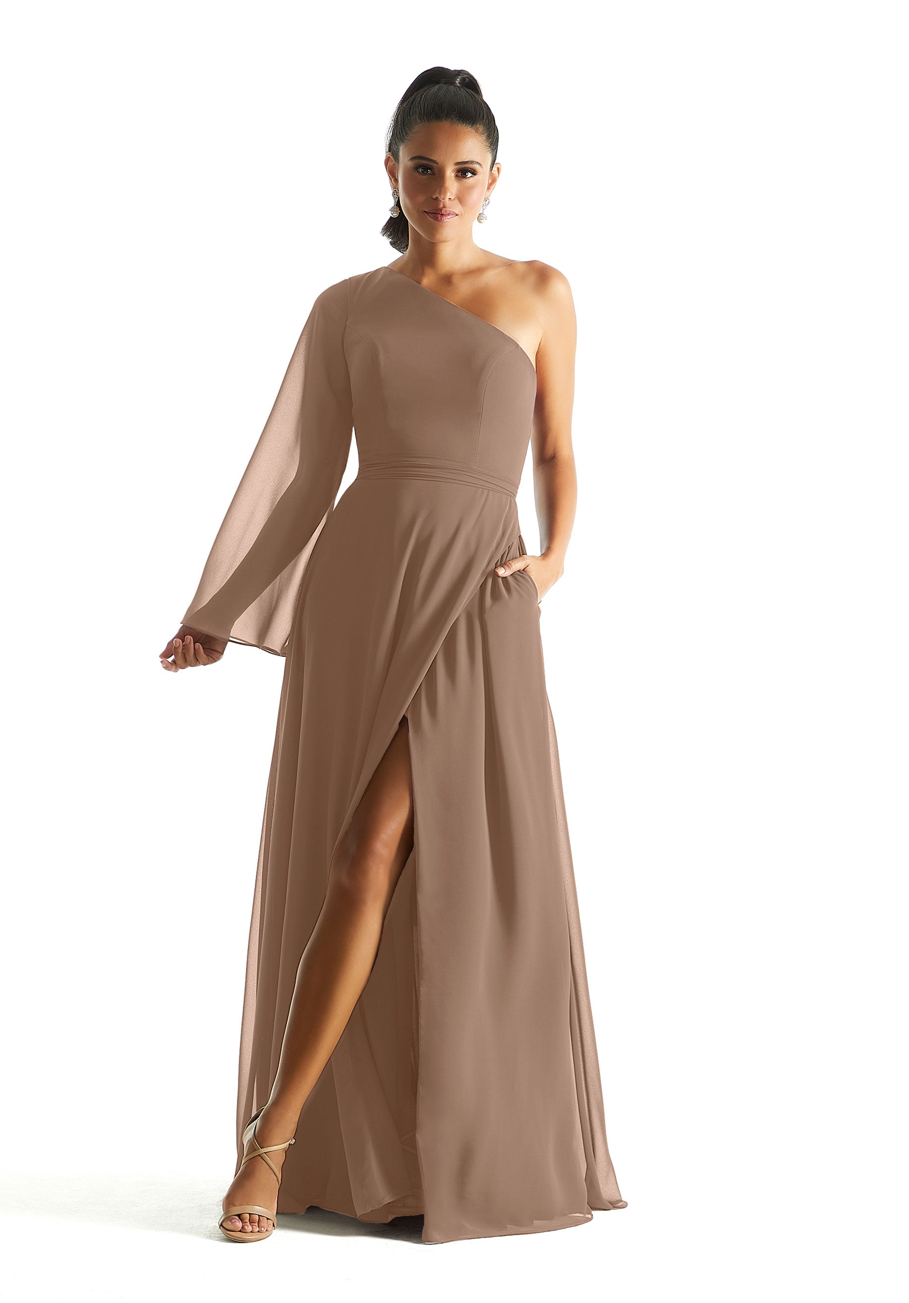 Formal Dresses Formal Long Sleeve A Line Dress MGNY Madeline Gardner New York 21854 Latte