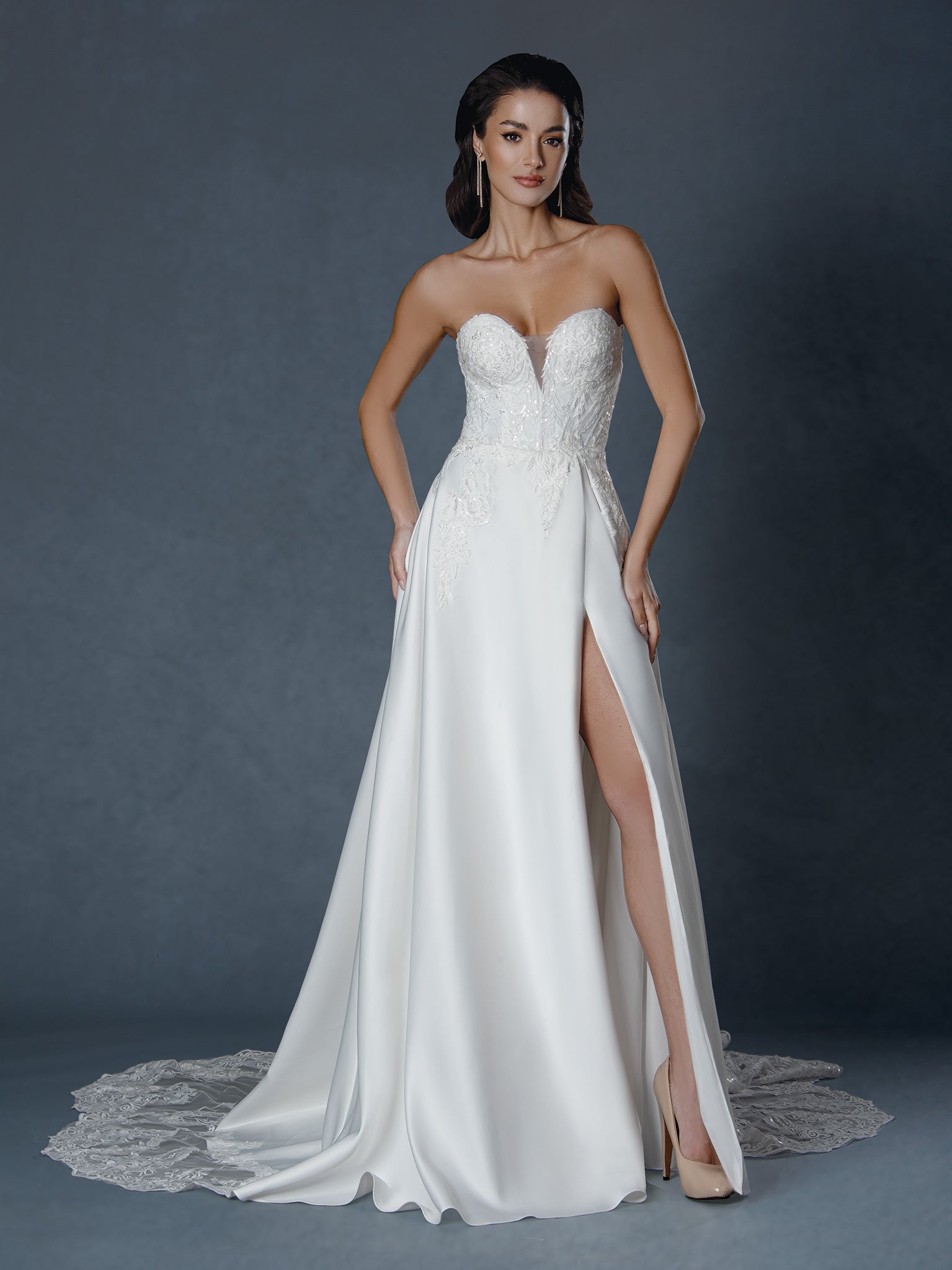 Stella Couture 25502 Long A Line Lace Slit Bridal Gown - Off White / 10 Stella Couture 25502 Long A Line Lace Slit Bridal Gown - Off White / 10