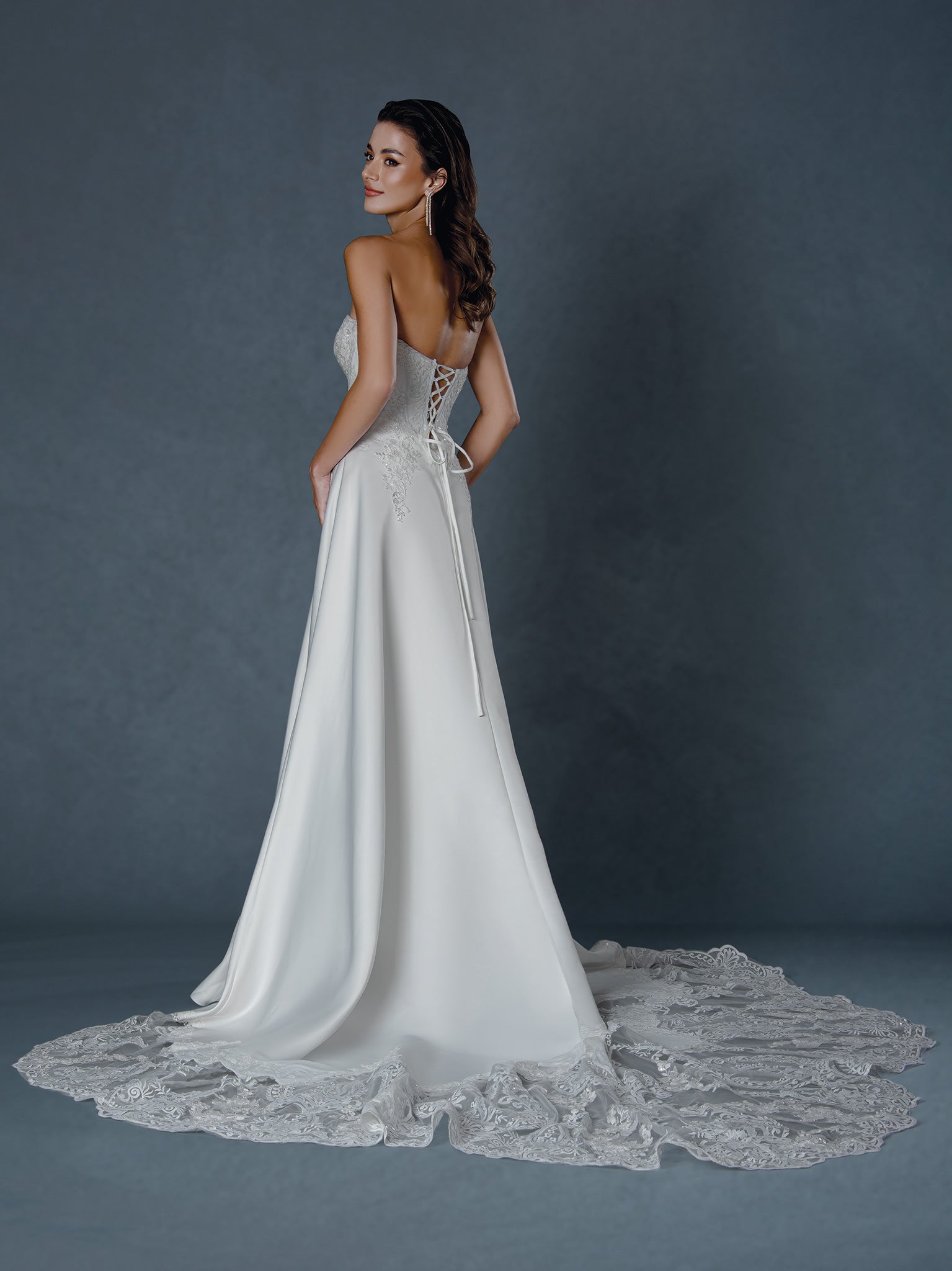 Wedding Dresses Long A Line Lace Slit Bridal Gown Off White-Crepe-25502-Lace