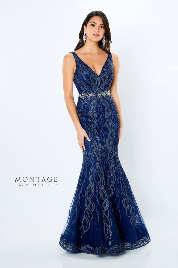 Montage 120921 Long Beaded Lace Metallic Evening Formal Dress