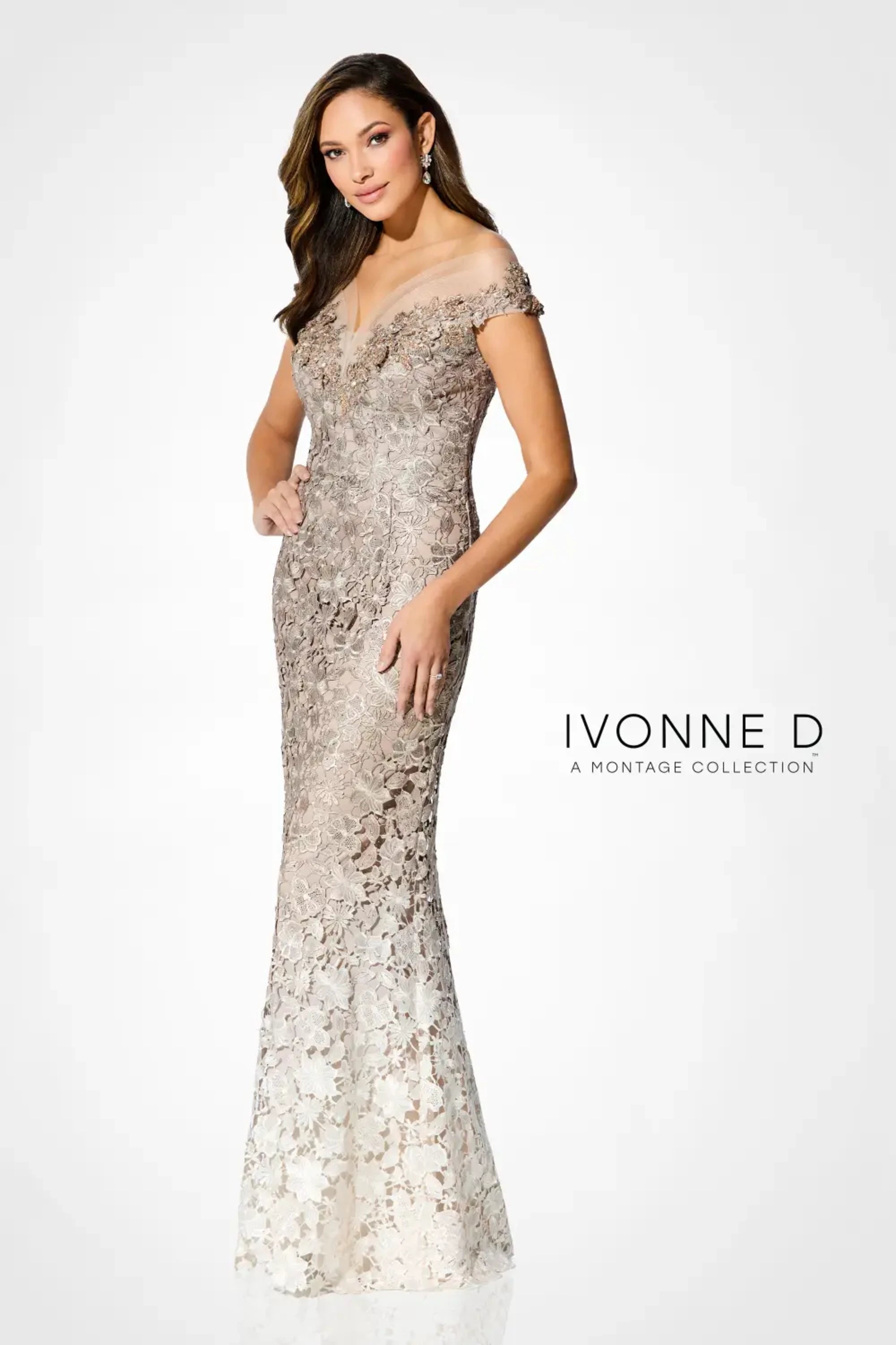 Formal Dresses Long Formal Beaded Lace Ombre Evening Gown Gold Ivory Ombre