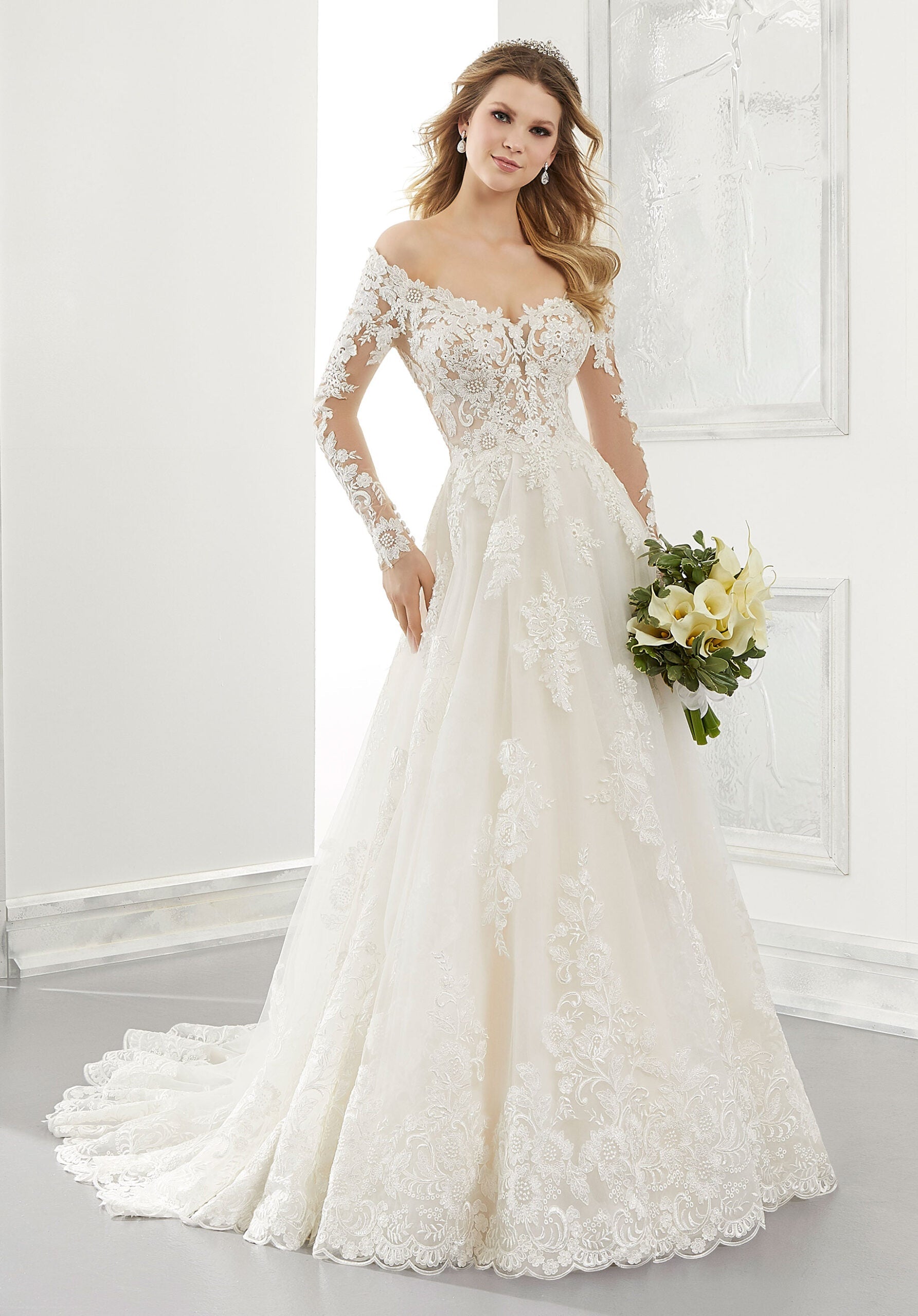 Wedding Dresses Long Sleeve Lace Ball Gown Wedding Dress MGNY Madeline Gardner New York 2196 Ivory/Champagne/Honey