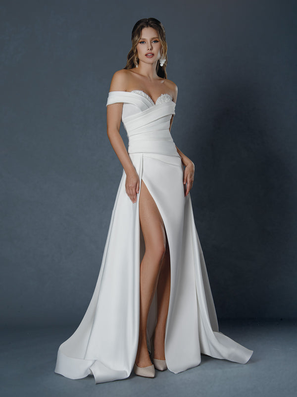 Pleated Long Slit Wedding Dress