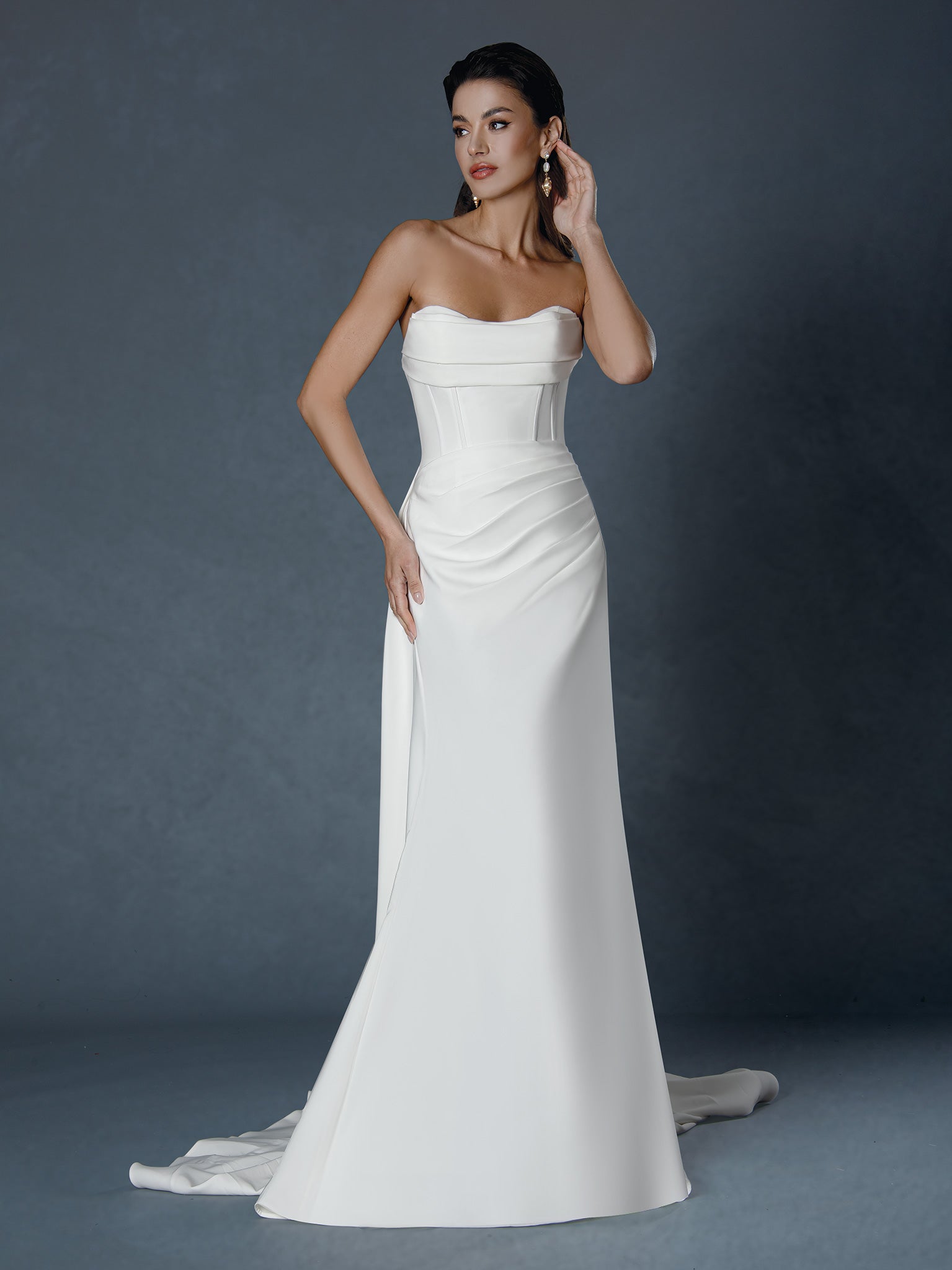 Long Simple Pleated Wedding Dress - Off White / 0 Long Simple Pleated Wedding Dress - Off White / 0