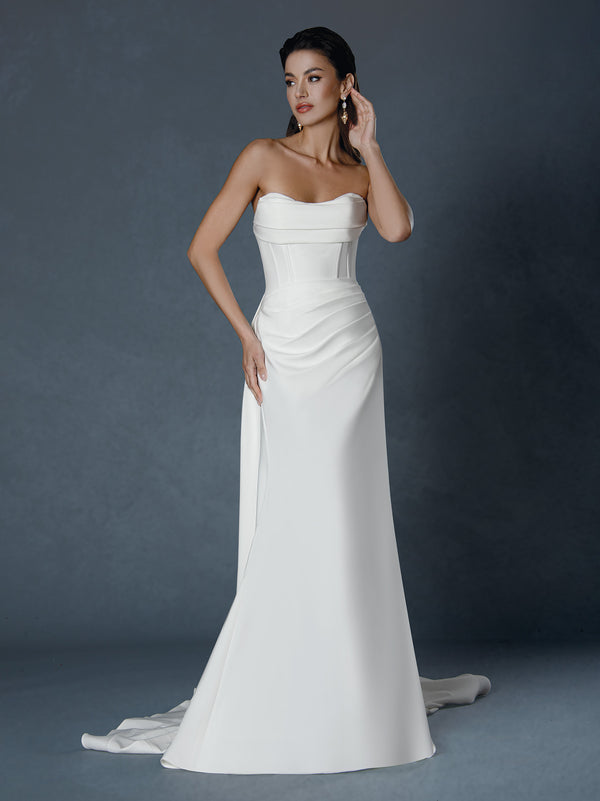 Long Simple Pleated Wedding Dress