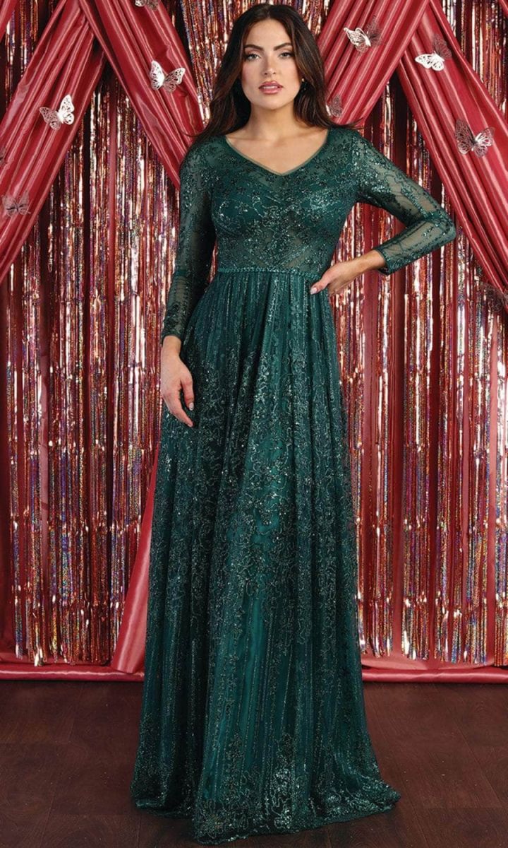 V-Neck Floor-Length Lace Evening Gown A-Line May Queen RQ7920