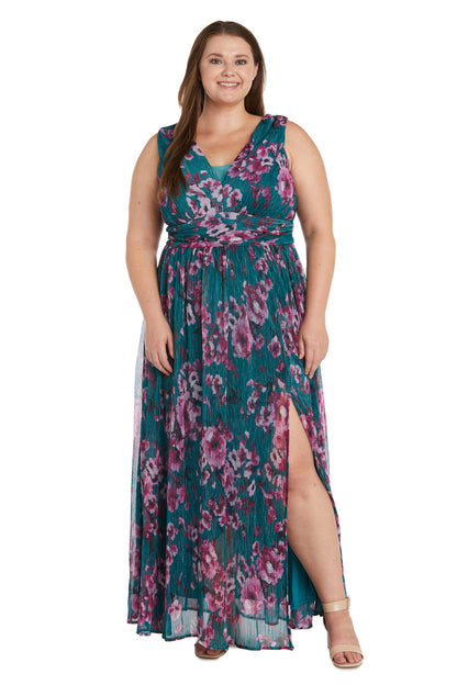 Nightway Long Floral Print Plus Size Dress 22042W - The Dress Outlet Teal