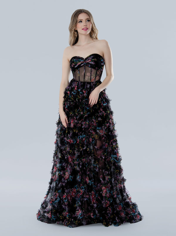 Stella Couture 25117 Long Ball Gown A Line Formal Corset Print Prom Dress