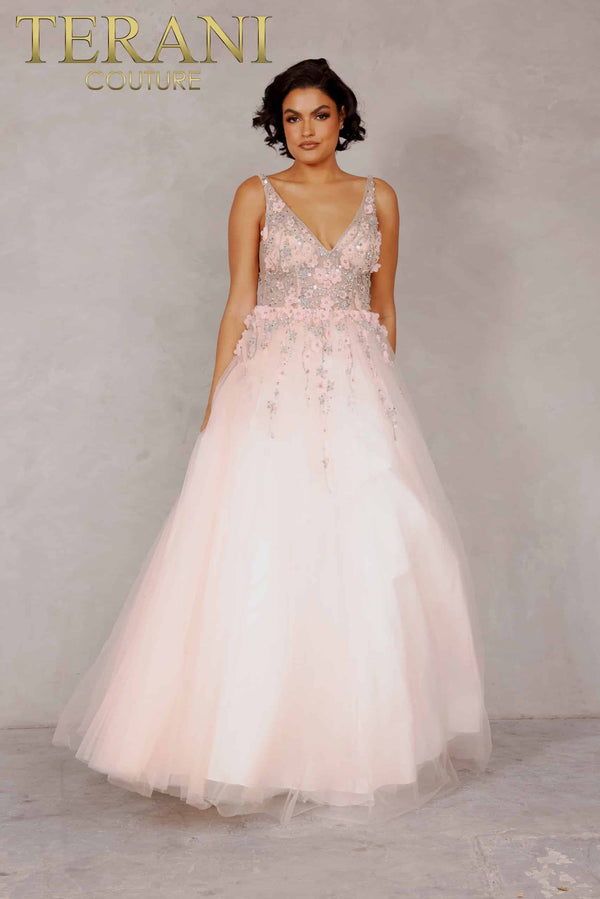 Terani Couture 2215P0033 Long A Line Formal Prom Floral Beaded Dress