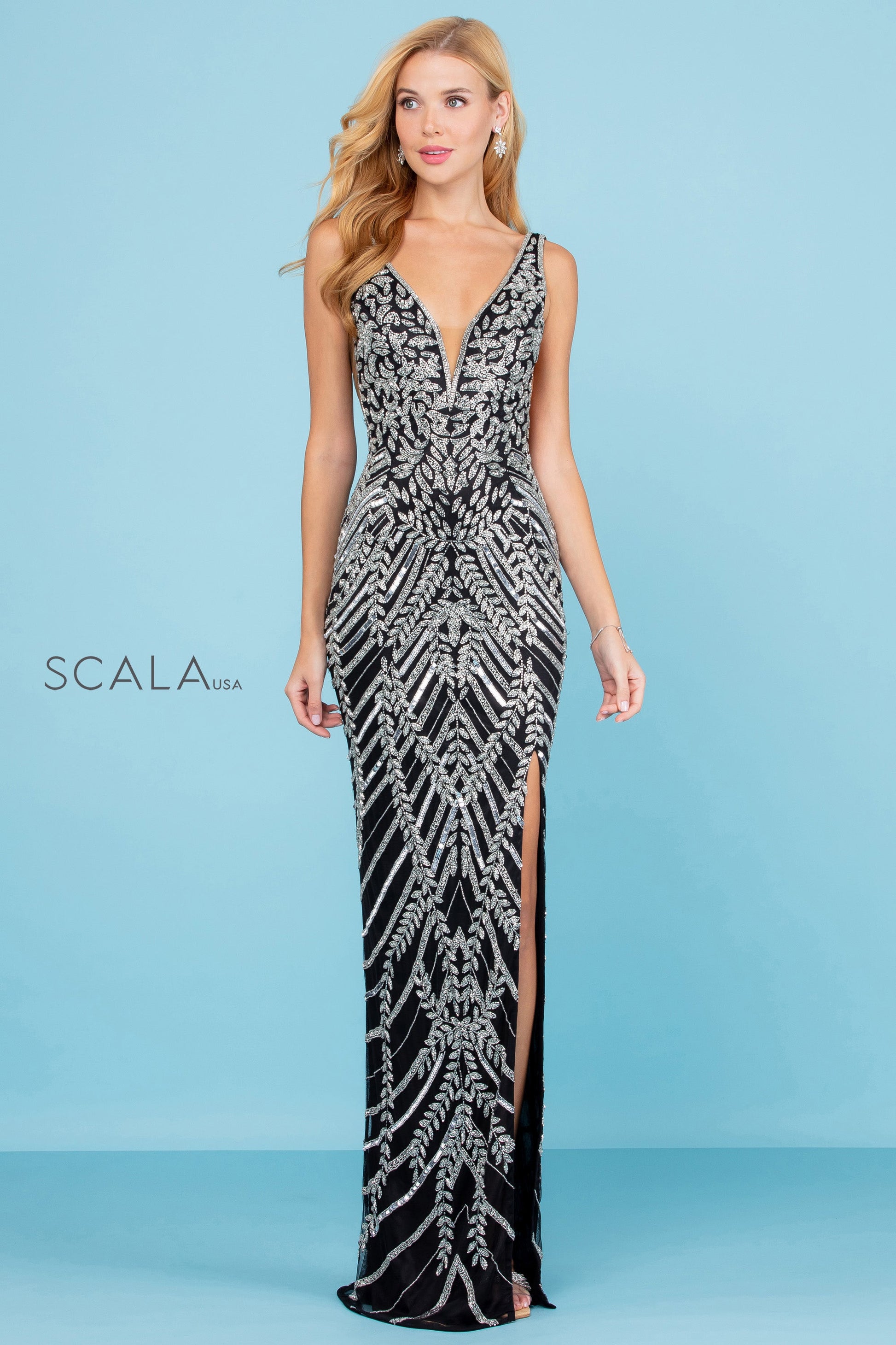 Scala 60222 Long Slit Formal Prom Sequin Dress