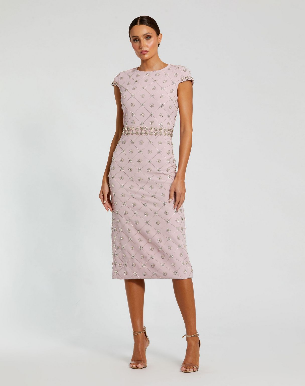 Mac Duggal Women's Hand Embellished High Neck Cap Sleeve Midi Dress - Mauve Mac Duggal Women's Hand Embellished High Neck Cap Sleeve Midi Dress - Mauve