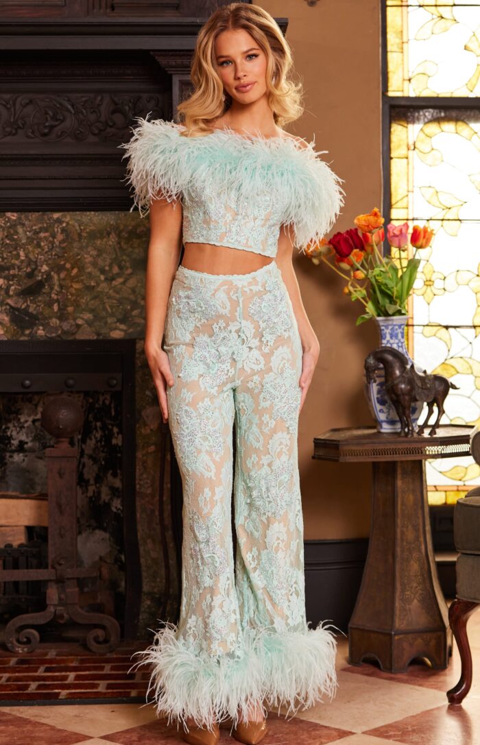 Jumpsuit Long Beaded Two Piece Lace Formal Jumpsuit Aqua