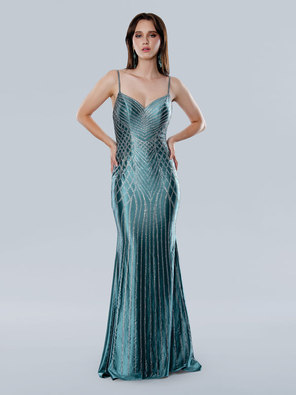 Stella Couture 25185 Long fitted Prom Slit Beaded Formal Dress