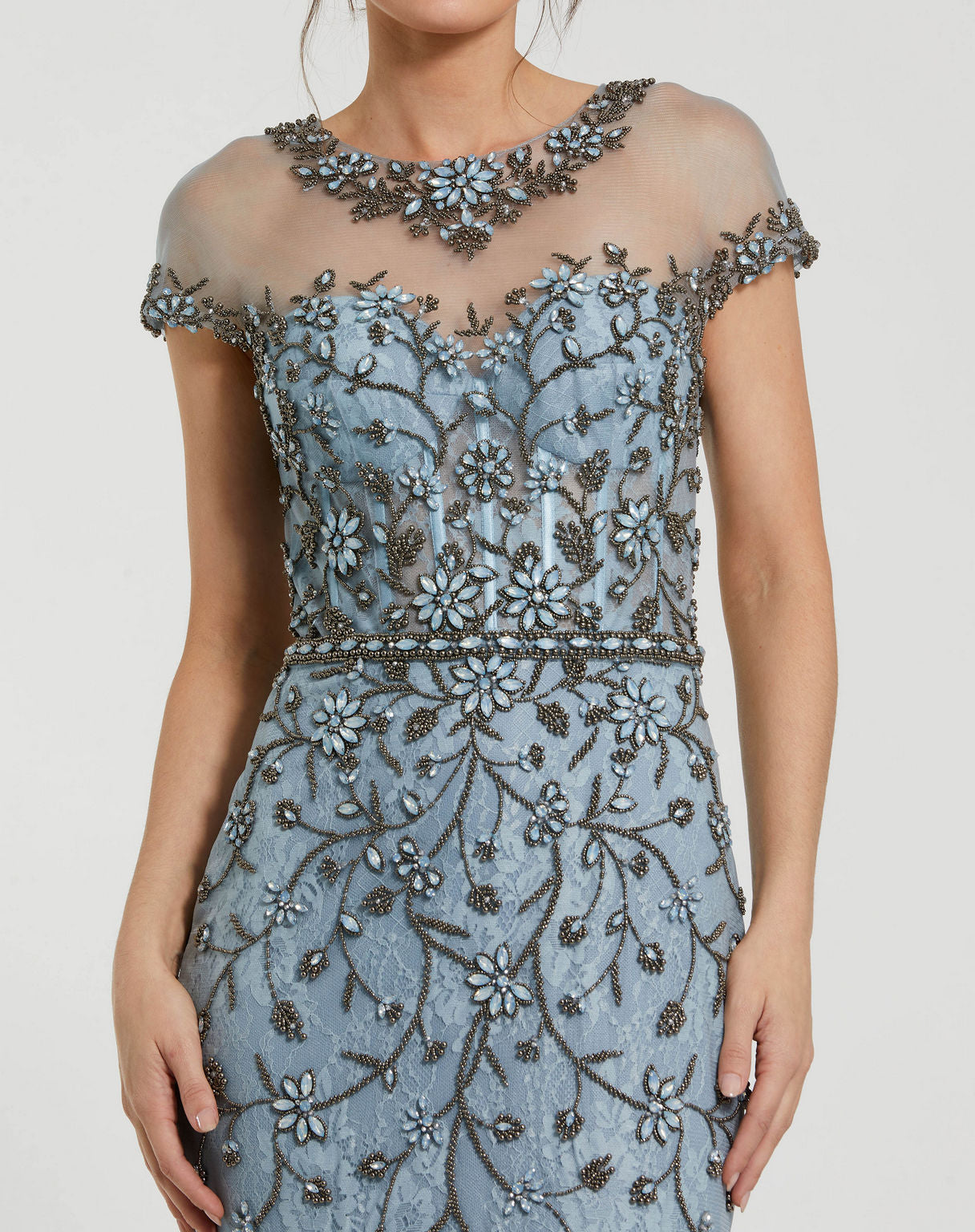 Slate Blue Mac Duggal 2239 Long Floral Beaded Mermaid Formal Prom Dress