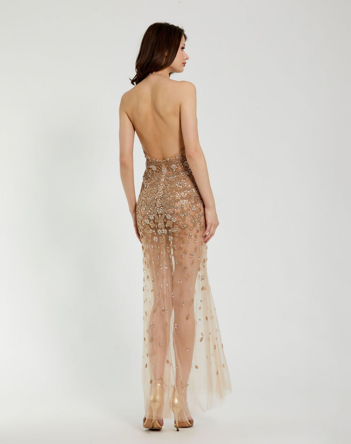 Prom Dresses Long Formal Sequin Beaded Prom Dress Nude Silver