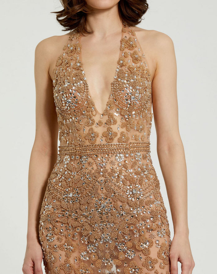 Prom Dresses Long Formal Sequin Beaded Prom Dress Nude Silver