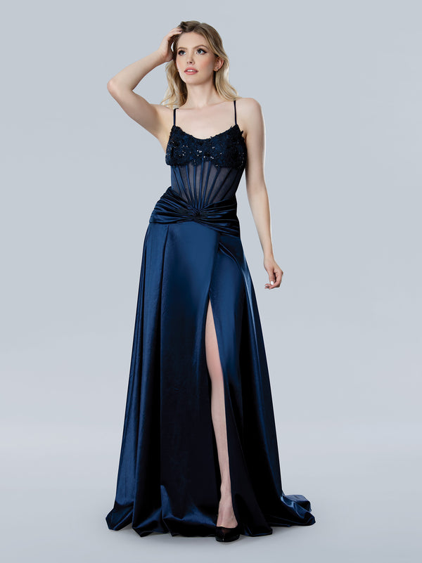 Stella Couture 25207 Long Evening Ruched Slit Formal Prom Dress