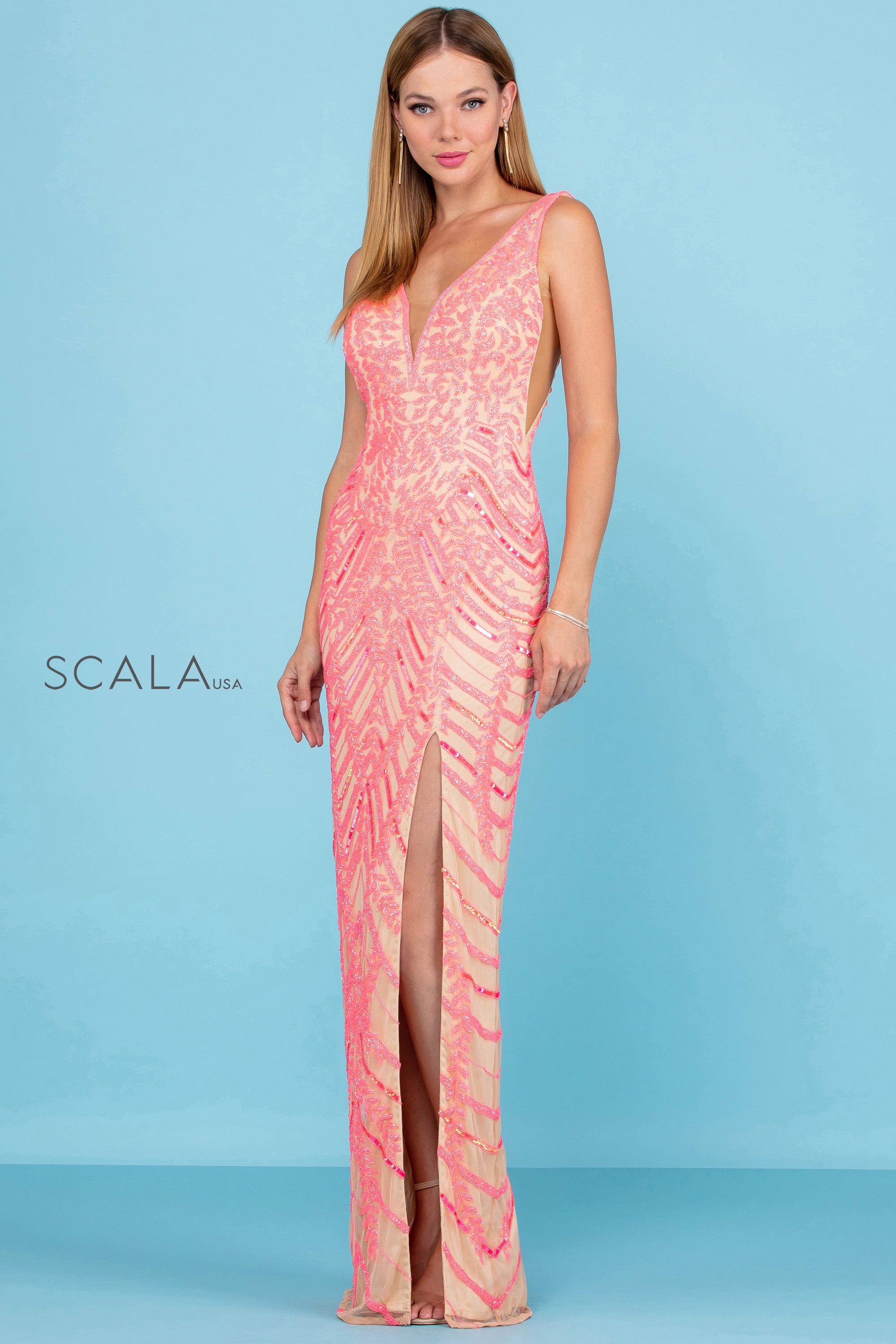 Prom Dresses Long Slit Formal Prom Sequin Dress Hotpink Nude