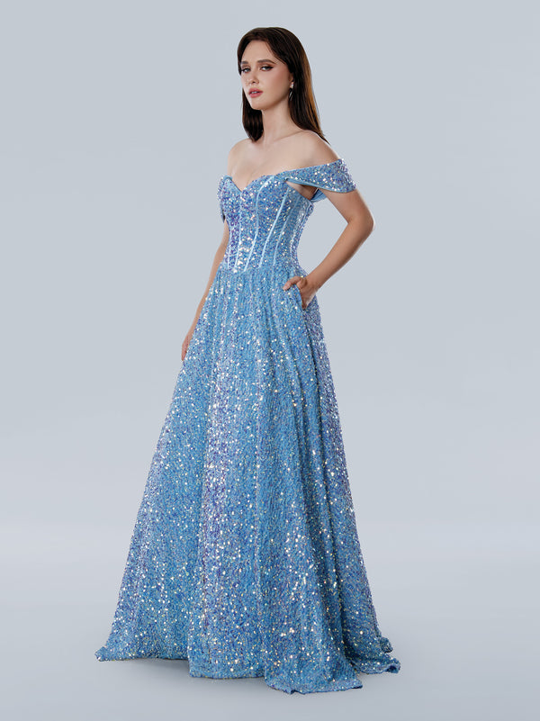 Stella Couture 25227 A Line Long Formal Sequin Prom Dress