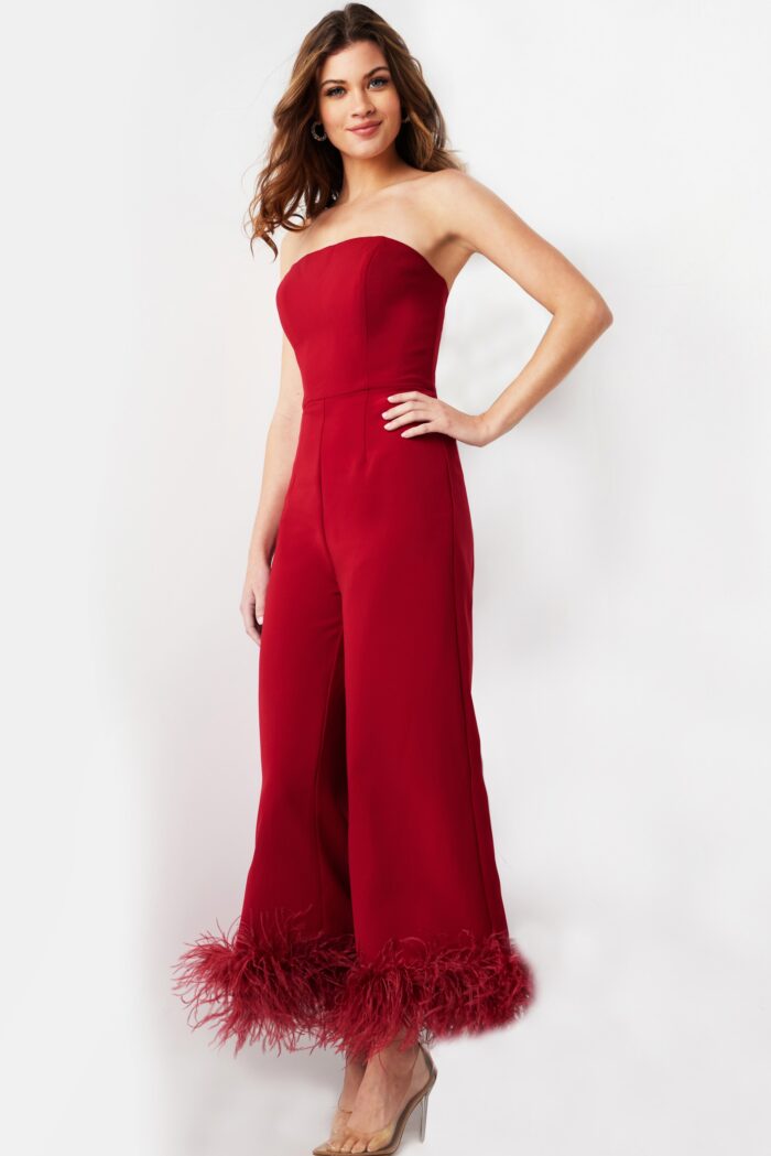 Jovani 22590 Long Evening Feather Formal Jumpsuit